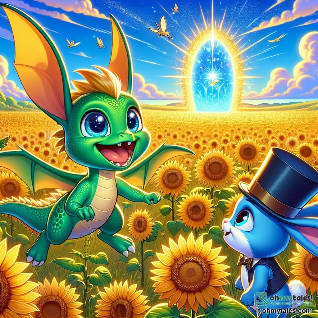 Fiammetta, un piccolo drago dalle squame verdi brillanti come smeraldi e dagli occhi scintillanti, vola felicemente in un campo di girasoli dorati, il suo sorriso radioso di eccitazione e curiosità. Accanto a lei, Binky, un coniglietto blu con un cilindro, guarda Fiammetta con ammirazione, le sue grandi orecchie ritte e un sorriso malizioso sul viso. Lo sfondo è un vasto campo soleggiato, punteggiato di girasoli che danzano al vento, sotto un cielo azzurro splendente, dove nuvole soffici fluttuano dolcemente. In lontananza, un portico scintillante, simbolo della Fiera del Tempo, emette luci colorate, aggiungendo un tocco magico. La scena mostra Fiammetta e Binky che discutono con entusiasmo, circondati da creature meravigliose, pianificando la loro prossima avventura nel tempo, mentre lampi di luce emanano dal portico, promettendo viaggi straordinari.
