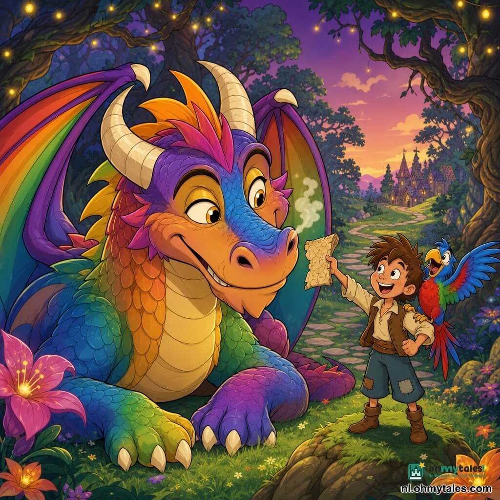 Een grote kleurrijke draak, Drako, glimlachend en guitig, met regenboogachtige glanzende schubben, fonkelende gouden ogen en een pluimpje rook uit zijn neusgaten, zacht op de grond gezeten met geplooide vleugels, parelmoerachtige gebogen hoorns en vriendelijke zware poten terwijl hij zijn kop kantelt; Finn, een jongen van ongeveer 8 jaar met warrig haar en een blij gezicht, staat op een kleine heuvel voor Drako en houdt enthousiast een verkreukeld perkament (zijn "contract") omhoog; Karel, een kletskous van een papegaai met felblauwe, groene en rode veren, zit op Finns rechterschouder en roept terwijl hij met zijn vleugels trilt; locatie: een open plek in het Woud van Verwondering met smaragdgroen gras, grote glinsterende bloemen, gedraaide boomstammen, zwevende vuurvliegjes en een met mos begroeid stenen pad naar het dorp; hoofdgebeurtenis: warm en grappig moment waarin de draak het avontuur net heeft geaccepteerd, schemerige gloed, verzadigde kleuren en ronde, overdreven expressies in de stijl van een jaren 90 tekenfilm.