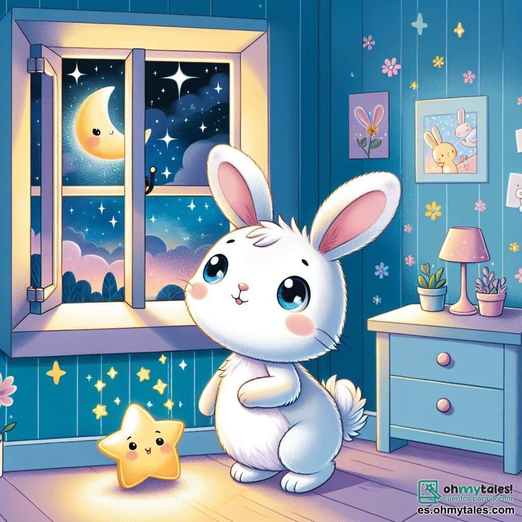 Un pequeño conejo llamado Lucas, con un suave pelaje blanco, grandes orejas y ojos brillantes, está frente a su ventana, mirando el cielo nocturno con curiosidad y asombro. Tiene una ligera sonrisa en su rostro, mostrando que comienza a superar su miedo a la oscuridad. A su lado, una pequeña estrella dorada, sonriente y centelleante, flota en el aire, iluminando la habitación con una suave luz. La estrella parece amistosa y alentadora, como si tranquilizara a Lucas. La escena transcurre en la habitación de Lucas, decorada en colores pastel, con paredes adornadas con dibujos de animales y flores. La ventana está abierta, dejando entrar una brisa fresca, y afuera, el cielo está salpicado de estrellas brillantes, creando una atmósfera mágica y reconfortante. Lucas, de pie frente a la ventana, comienza a imaginar historias maravillosas sobre las estrellas, dándose cuenta de que la noche puede ser hermosa y llena de sorpresas.