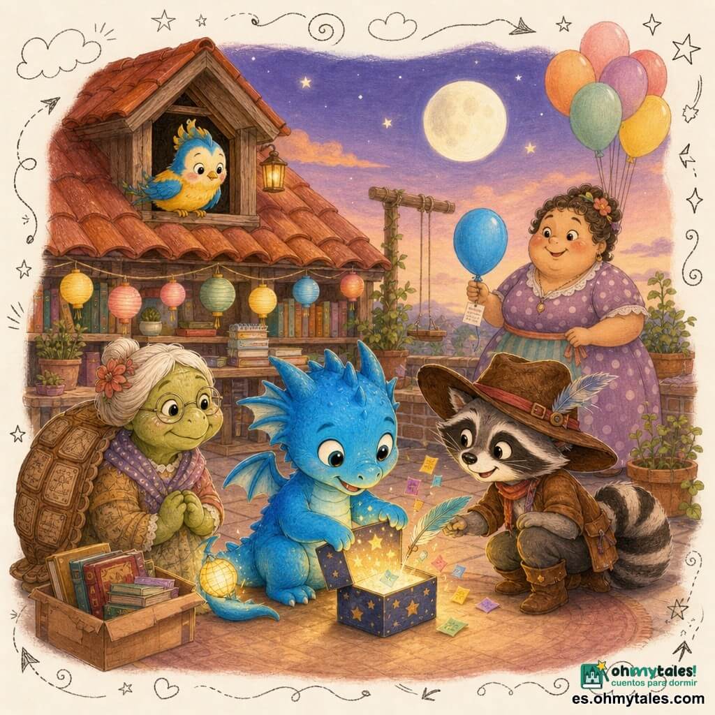 Un pequeño dragón azul brillante (protagonista), alas cortas y cola luminosa como linterna, rostro redondo y ojos grandes y curiosos, agachado delante de una pequeña caja estrellada que abre con una pata; a su derecha un ratón‑murciélago/amigo (Nico) con botas y gran sombrero marrón, sonrisa pícara y mirada alentadora, tendiendo una pluma como para ayudar a abrir la caja; a la izquierda una vieja tortuga (señora Tortuga) con caparazón texturado tipo pergamino, aire dulce y orgulloso, sentada junto a una caja de libros; al fondo, una mamá Pájaro pequeña y redonda, plumaje amarillo y azul, posada en el borde de una buhardilla, observando con atención; Doña Luma, vendedora rellenita con vestido de lunares y un gran ramo de globos pastel, algo atrás sosteniendo un globo azul con una nota en el nudo; tejado‑terraza de biblioteca con tejas rojas y buhardilla de madera, estanterías bajas con libros y cuadernos, farolillos de papel, cielo crepuscular con primeras estrellas y luna, macetas y una pequeña hamaca; escena centrada en la apertura colectiva de la caja estrellada que emite un suave resplandor dorado y deja volar papeles y dibujos coloridos, rostros iluminados, ambiente cálido y pacífico, paleta de color pastel y cálida, texturas de papel y lápiz, estilo ilustrativo naïf y alegre.