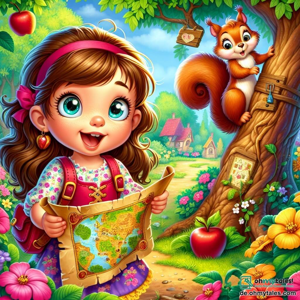 Ein kleines Mädchen von 4 Jahren, Lina, mit langen braunen Haaren und neugierigen, funkelnden Augen, hält eine glänzende Schatzkarte in ihren Händen. Sie trägt ein buntes Blumenkleid und einen kleinen roten Rucksack. Ihr Gesicht zeigt Aufregung und Staunen. Neben ihr klettert ein schelmisches Eichhörnchen mit lebhaften Augen und rotem Fell am Stamm eines großen Baumes und beobachtet Lina interessiert. Der Garten ist voller leuchtender Blumen, üppigem grünem Gebüsch und einem alten Apfelbaum mit Ästen voller roter Äpfel. In der Mitte dieser Szene beugt sich Lina begeistert, um die Karte zu betrachten, bereit für das Abenteuer, während ein bunter Schmetterling um sie herumfliegt und der Atmosphäre einen Hauch von Magie verleiht.