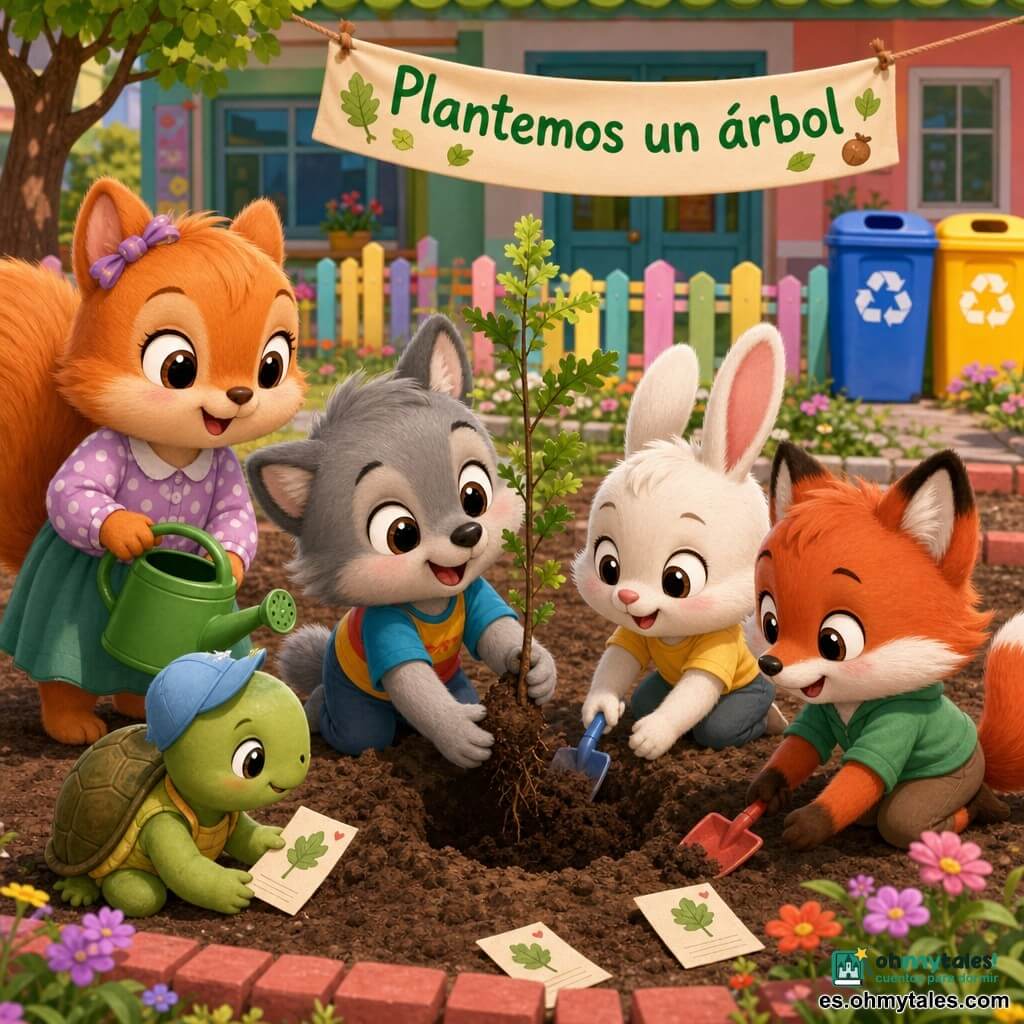 Pequeño lobo Lucas chibi de pelaje gris y expresión orgullosa, con camiseta colorida sosteniendo una plántula de roble junto a un hoyo; la señorita Ardilla, maestra ardilla chibi de pelaje rojizo, sonriente y con blusa de lunares, riega la planta con una regadera verde a la izquierda; varios compañeros animales chibi (un conejo blanco, un zorro rojizo y una tortuga pequeña) sonrientes, agachados, con una pala o sosteniendo un papel "promesa de cuidado" formando un círculo; patio escolar colorido con tierra oscura, bordes de ladrillo rojo, valla de madera pintada, contenedores de reciclaje azul y amarillo, fachada escolar en tonos pastel y una pancarta "Plantemos un árbol" bajo un cielo claro con algunas nubes; escena de plantación colectiva de un joven roble, tierra fresca y atmósfera luminosa y esperanzadora.
