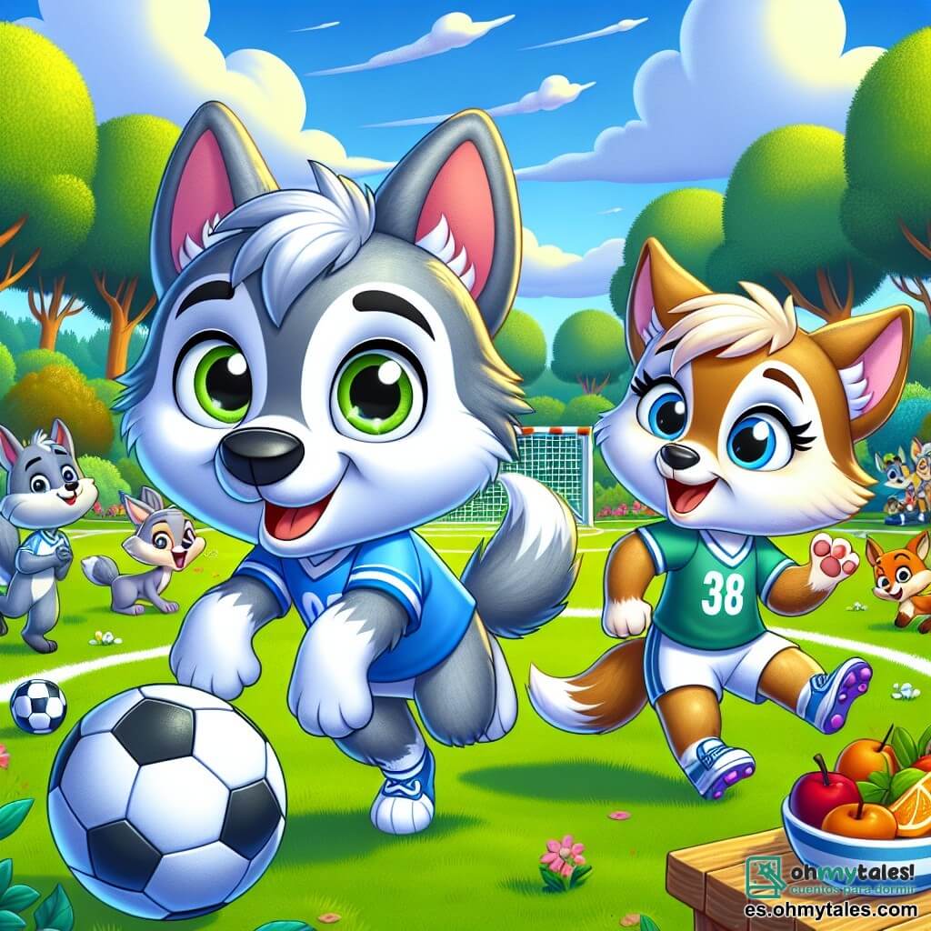 Lupo, un pequeño lobo de ojos brillantes y pelaje gris plateado, se encuentra en el centro de un campo de fútbol, con una amplia sonrisa en su rostro, rebosante de entusiasmo y determinación. Lleva una camiseta azul y corre hacia el balón, listo para marcar un gol. A su lado, Lupa, una joven loba con pelaje marrón claro y ojos chispeantes, salta de alegría, con las orejas erguidas, mostrando gran orgullo. Ella lleva una camiseta rosa y se prepara para animar a Lupo. Al fondo, Osa, una osa de pelaje dorado, está preparando un refrigerio en una mesa de madera, rodeada de frutas coloridas y pasteles, con una cálida sonrisa en su rostro, feliz de participar en el evento. El campo de fútbol es verde, rodeado de majestuosos árboles y un cielo azul brillante, donde flotan suavemente algunas nubes blancas. Animales de diferentes especies, como zorros y conejos, se han reunido alrededor del campo, aplaudiendo y animando a los jugadores. La escena representa un momento alegre donde todos los animales, independientemente de su género, se divierten juntos, jugando al fútbol y preparando refrigerios, ilustrando el espíritu de igualdad y camaradería.
