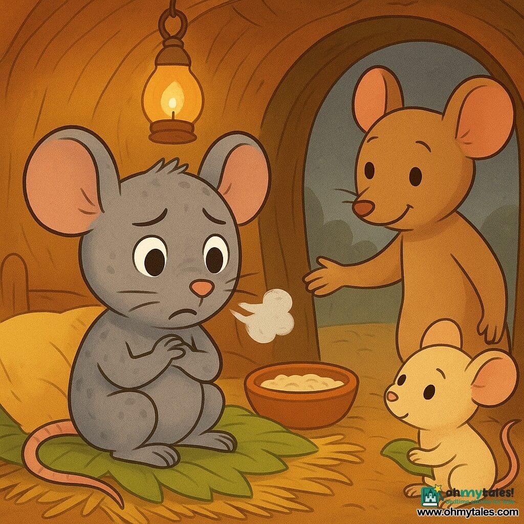Milo, a small gray mouse with bright round eyes and soft speckled fur, looks anxious—paws clasped to his chest and breath visible in small puffs—as he sits on a bed of leaves and straw with a cup of warm porridge beside him and one paw on his heart; Mother, a brown mouse with a gentle smile, stands at the burrow entrance reaching toward him, while a calm cream-colored little brother plays with a leaf nearby; the burrow is a warm round room carved into a root with wooden walls, hanging oil lamps and a hatch letting in gray morning light; Milo breathes slowly to calm his worry in a peaceful, intimate, reassuring scene.