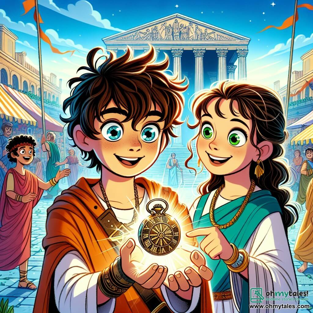 An 11-year-old boy, Oliver, with messy brown hair and sparkling curious eyes, stands at the center of the image, holding a shimmering old pocket watch in his hands. His face expresses wonder and excitement as he looks around with great curiosity. Beside him is a 12-year-old girl named Livia, with long curly hair and bright green eyes, smiling as she points to a magnificent Roman building in the background. She wears a colorful tunic and seems full of energy, ready to share her knowledge about the ancient world. The setting is a bustling square in a Roman city, with majestic columns, colorful market stalls selling fruits and spices, and citizens in togas happily chatting. The sky is bright blue, and flags flutter in the wind, adding a festive touch to the scene. The main situation shows Oliver and Livia discovering the power of the pocket watch together, as a golden light emanates from the object, illuminating their amazed faces. They are surrounded by the vibrancy of Roman life, symbolizing a blend of adventure and discovery in their journey through time.
