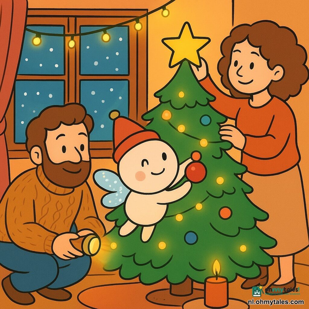 Pip, een klein rond figuurtje met fonkelende vleugels en een belletje op zijn muts, glimlacht vrolijk. Hij hangt een rode bal aan een verlichte kerstboom. Naast Pip helpt papa, een warme menselijke figuur met een zachte baard en een wollen trui, door een kleine zaklamp vast te houden. Hij hurkt naast Pip en glimlacht vriendelijk. Mama, een zachte moederlijke figuur met krullend haar, staat naast de boom en hangt een glanzende ster op. Ze kijkt trots naar Pip. De scène speelt zich af in een knusse woonkamer, verlicht door lichtslingers en kaarsen, met een raam dat zachtjes vallende sneeuwvlokken buiten toont. De sfeer is warm en feestelijk, vol levendige kleuren en fonkelende lichten.