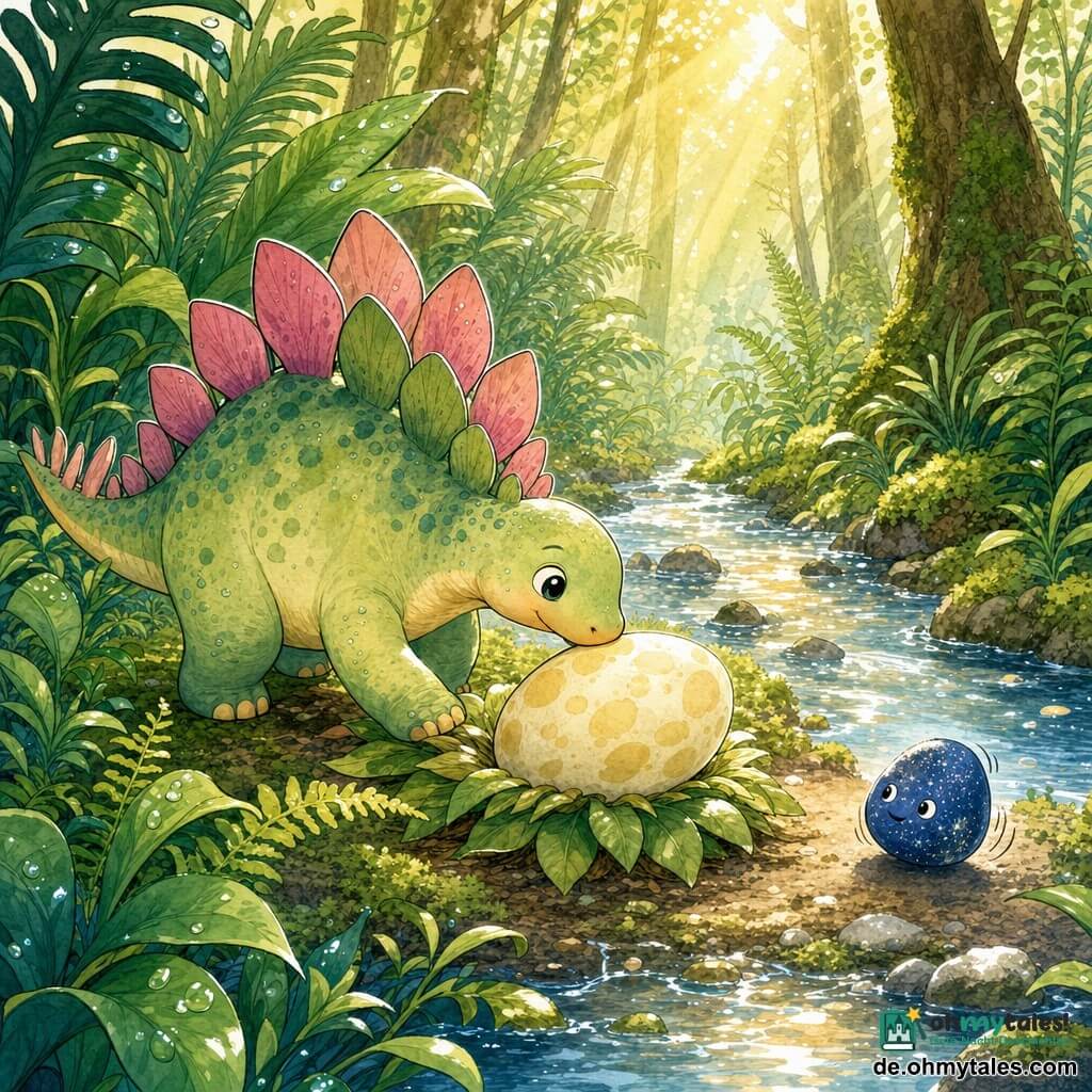 Ein kleiner, rundlicher Stegosaurus mit fächerförmigen Rückenplatten in Rosa und Grün wirkt sanft und entschlossen und schiebt mit der Schnauze behutsam ein großes cremefarbenes, blassgelb gesprenkeltes Ei, das etwas einsam, aber beruhigt auf einem Blattkissen am Ufer eines funkelnden Baches liegt; ein kleiner, glänzender Kiesel namens Sternenstein, mit mitternachtsblauer Farbe und silbernen Funken, rollt neugierig ein paar Schritte entfernt; die Szene spielt in einem Gewirr hoher Farne und großer smaragdgrüner Blätter mit goldenen Sonnenstrahlen, und zeigt vor allem den Stegosaurus, wie er das Ei liebevoll und ruhig ins Blätternest zurückführt, umgeben von glitzernden Wassertropfen und weicher Moosstruktur.
