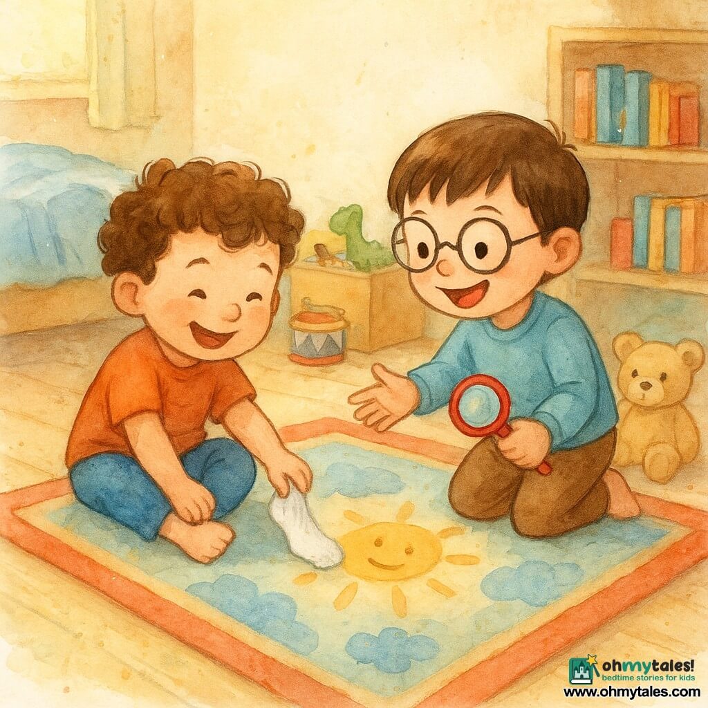 Two nearly three-year-old boys in a bright morning children’s bedroom: Max (curly chestnut hair, round face) sits on a light-wood floor by a colorful sun-and-cloud rug, one foot socked and gently pulling a small white sock from under the rug; Leo (straight brown hair, large round glasses) kneels to Max’s right, smiling, one hand poised to clap and the other holding a red plastic magnifying glass; low bed with a crumpled sky-blue blanket, an open toy box with a few toys and a small beige teddy near the rug; joyful discovery scene centered on the boys, warm pastel watercolor tones with soft splashes around the edges.