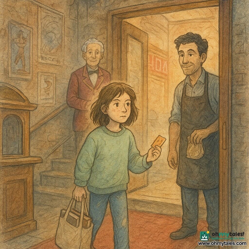 A calm but determined 12-year-old girl with a round freckled face and messy mid-length brown hair, wearing a light green oversized sweater and worn jeans, holding a small shiny movie ticket in her right hand and a tote bag full of books at her feet, steps toward the slightly open door of an old cinema; about 70-year-old Mr. Penn in a burgundy usher jacket embroidered with glowing thread and popcorn-gray hair stands on the mezzanine at the top of the stairs with a kind, tired look watching her from inside; Corvin, a 30-year-old chestnut seller in a black apron stained with coal and sugar and olive skin, has stepped out of a poster and stands at the edge of the lobby holding a small bag of chestnuts with a sly smile; the setting is the lobby of an Art Deco cinema with peeling brick walls covered in animated posters, a worn red carpet, a polished wooden ticket booth, warm light filtering from a large screen at the back and a cracked neon sign visible through the open door; main situation: the girl enters the living cinema to awaken the sleeping town — magical yet intimate mood, contrasting golden dust and bluish shadows, textured details like poster paper grain, velvet seats and a brass doorknob ring.