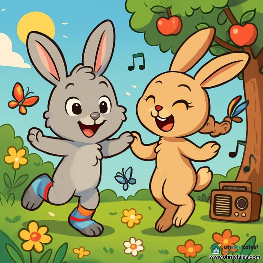 Pip, a small rabbit with large ears and soft gray fur, joyfully dances in a sunny garden, a wide smile on his face and sparkling eyes full of excitement. He wears colorful striped socks that slide on the green grass. Junie, his sister with light brown fur and bright eyes, stands next to him, laughing heartily with a joyful and mischievous expression, her long ears perked up. She has a pretty braid adorned with a colorful ribbon fluttering in the wind. The garden is filled with vibrant flowers, fluttering butterflies, and an old wooden radio under an apple tree, playing catchy music. The scene depicts Pip and Junie dancing together, surrounded by laughter and colors, celebrating their bond and joy of living together.