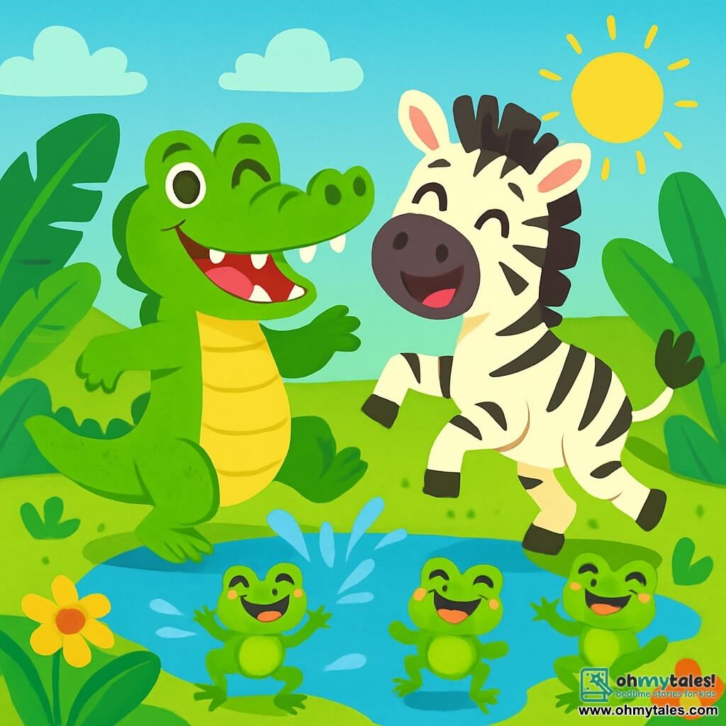 A joyful crocodile with shiny green skin and big sparkling eyes dances by a pond, its white teeth gleaming in the sun. It has a wide smile and looks very amused. Next to it, a black and white striped zebra with a tousled mane jumps energetically, laughing heartily. The pond is surrounded by large tropical leaves and colorful flowers, while green laughing frogs dance around them. The scene is filled with joy and laughter, with splashes of water flying through the air, creating a festive and fun atmosphere.