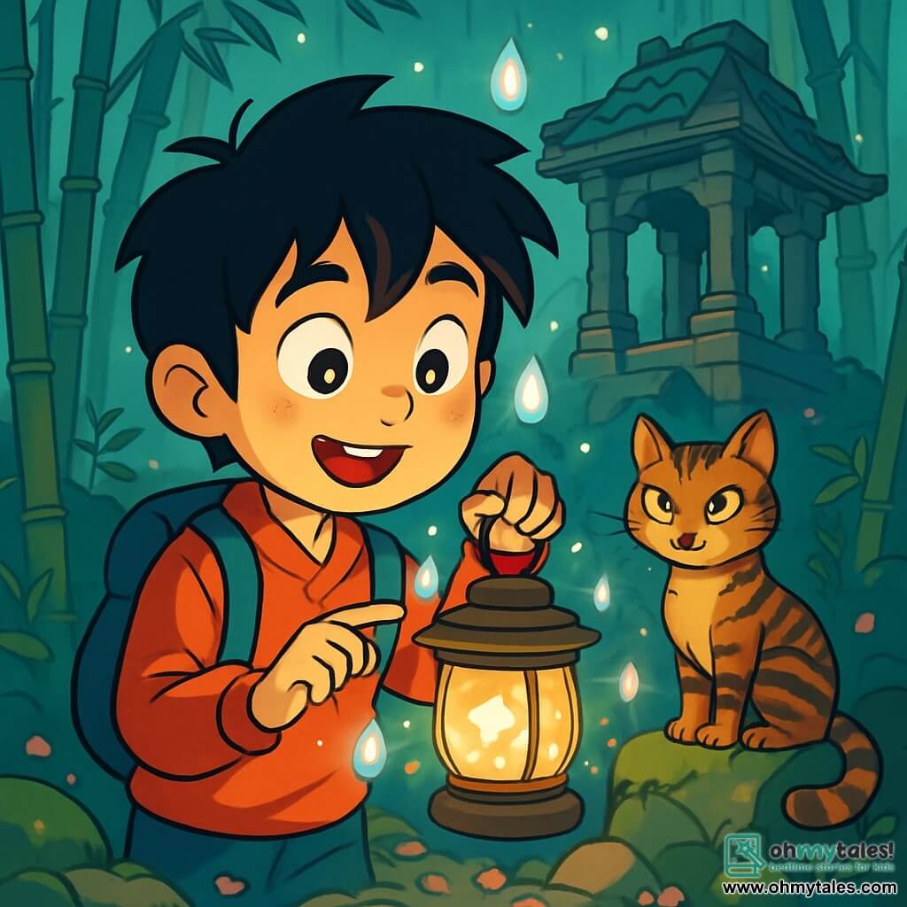 Haru, a ten-year-old boy with tousled black hair and sparkling curious eyes, stands in front of an old ruined temple, a look of wonder on his face. He holds an ancient lantern, its soft light illuminating his face with golden reflections. Nearby, a stray cat with bright green eyes and a striped coat watches Haru mischievously, sitting on a moss-covered stone. The setting is a dense bamboo forest, where slender stalks sway gently in the wind, creating a magical atmosphere. The ground is scattered with dead leaves and cherry blossom petals, while a light mist envelops the landscape, adding a touch of mystery. The main scene shows Haru, fascinated, touching the magical lantern, as sparkling tears seem to float around him like shooting stars, revealing an enchanted world awakening around him.