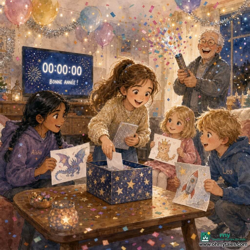 A 10-year-old girl (Maya) with brown hair in a ponytail, radiant face and bright eyes, excitedly slides a letter into a small star-decorated box while holding a silver glitter notebook; her friend Aisha, 10, with braided black hair and a mischievous grin, adds a drawing of a dragon from the left; Leo, 10, with tousled blond hair, crouches on the right showing a rocket drawing; Lily, 5, with short blond hair, shy but happy, sits on a pouf offering a crowned cat drawing; a grandfather in his 70s with gray hair and round glasses laughs and holds a confetti popper in the background; a warm party living room with silver garlands, string lights, colorful balloons, a TV countdown and multicolored confetti fills the air as confetti bursts at midnight and the children gather around the star box, faces lit by warm light in a soft, luminous watercolor style.