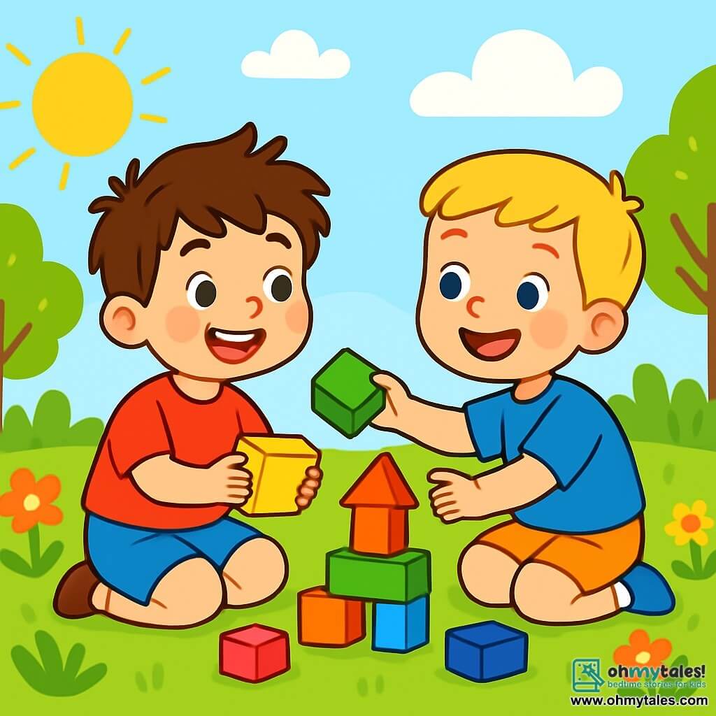 A 6-year-old boy, Sam, with messy brown hair and sparkling eyes, is sitting on the green grass. He is wearing a bright red T-shirt and blue shorts, smiling with rosy cheeks while holding a yellow block in his small hands. Next to him, his best friend Max, also 6 years old with blonde hair and blue eyes, is reaching out with a big smile while holding a green block. They are surrounded by colorful blocks scattered around them. The scene takes place in a sunny garden filled with colorful flowers and green trees under a clear blue sky. Sunlight illuminates the scene, creating a cheerful and friendly atmosphere. Sam and Max are rebuilding a block tower, laughing together and sharing a moment of closeness, illustrating the beauty of friendship.