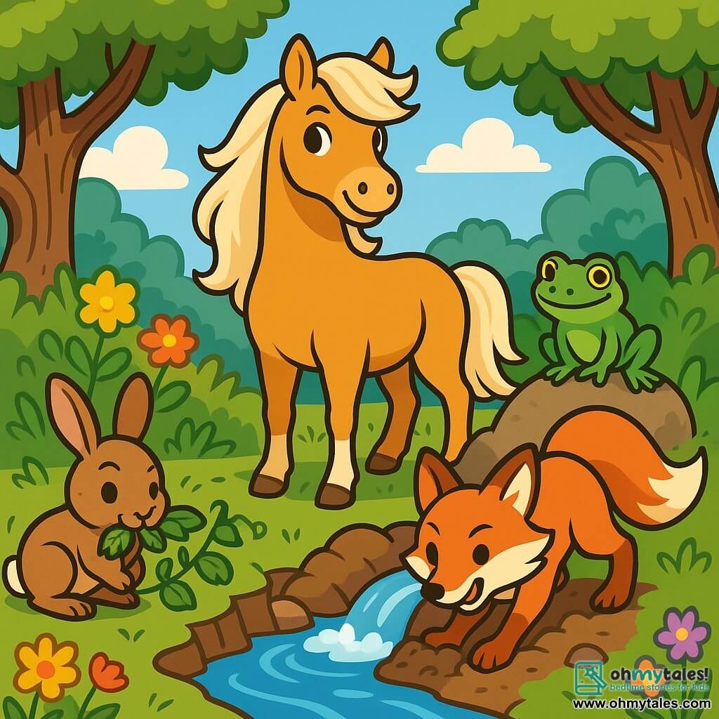 Willow, a beautiful mare with a golden coat and flowing mane, proudly stands by a sparkling spring, her gaze determined and joyful. Next to her, Hazel, a small bunny with big ears and brown fur, nibbles on brambles, her eyes sparkling with excitement. Nearby, Finn, a green frog with bright eyes, watches attentively, ready to offer advice, while Ember, a clever fox with a fiery coat, skillfully digs the ground to clear the way. The setting is an enchanted clearing surrounded by tall, gnarled trees, with colorful flowers dancing in the breeze and a bright blue sky dotted with fluffy white clouds. The main scene shows Willow and her friends united in a collective effort to free the water from the spring, their faces glowing with hope and camaraderie as the gentle murmur of the river begins to be heard.