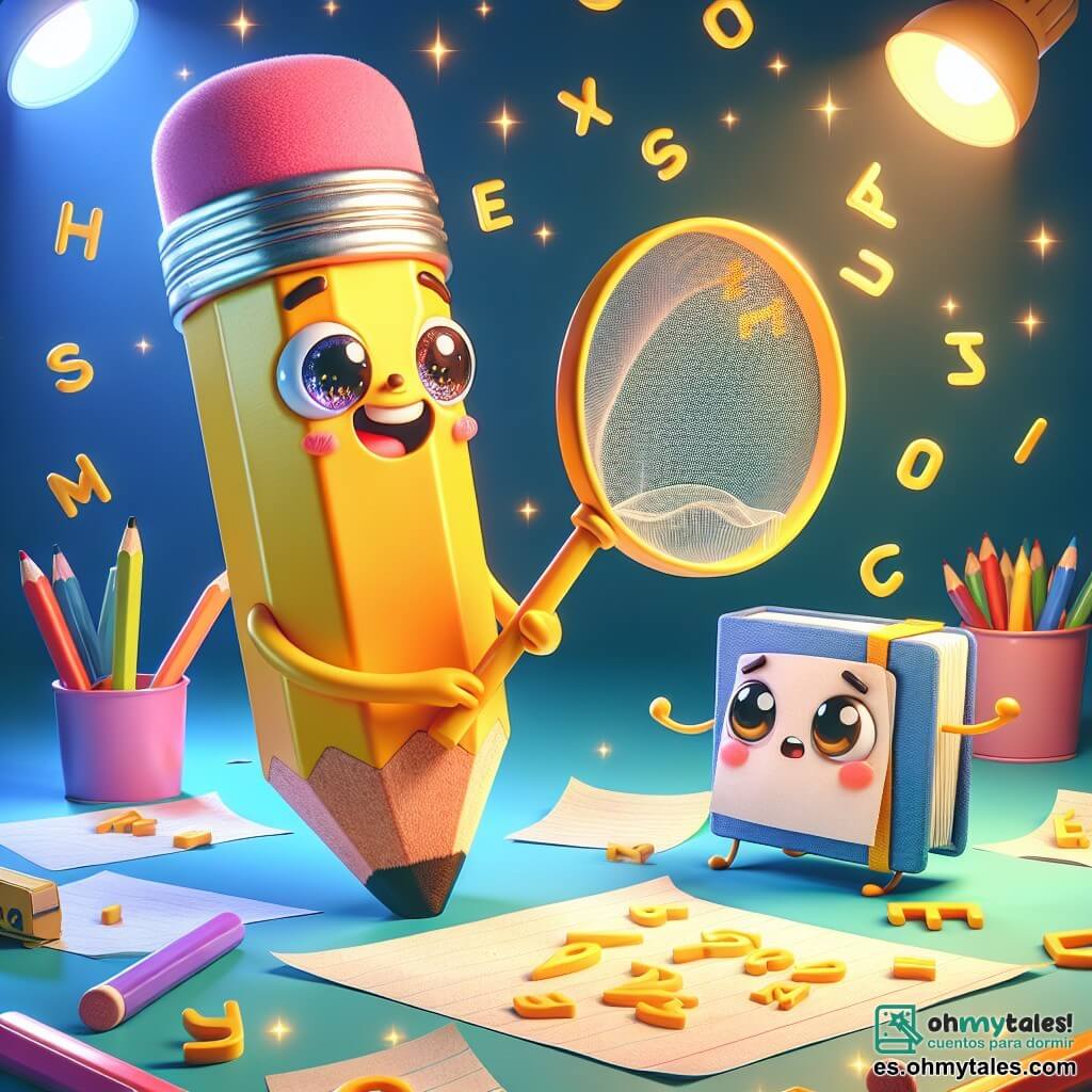 Ilustración que representa a un pequeño detective, un niño juguetón con un cuerpo de lápiz amarillo brillante, una goma de color rosa en su cabeza, ojos chispeantes de curiosidad y una amplia sonrisa. Está de pie, sosteniendo una gran hoja de papel en forma de red, listo para atrapar palabras que vuelan a su alrededor. A su lado, un pequeño cuaderno, un bloc de notas con una cubierta azul y páginas blancas, que parece preocupado pero decidido, con los ojos redondos fijos en las palabras que se escapan. Se inclina hacia adelante, como si intentara entender cómo ayudar a su amigo. El lugar principal es un escritorio colorido, lleno de útiles escolares: lápices, gomas, hojas de papel esparcidas y luces brillantes que iluminan el espacio, creando una atmósfera mágica y lúdica. En un rincón, palabras doradas flotan en el aire, como pequeñas mariposas, añadiendo un toque de fantasía a la escena. La situación principal muestra al pequeño detective y su amigo el cuaderno tratando de capturar palabras que se escapan, con una expresión de emoción en sus rostros, mientras las palabras bailan a su alrededor, creando una atmósfera de misterio y aventura. Otros elementos gráficos incluyen estrellas brillantes de fondo, burbujas de diálogo con palabras alegres y destellos de luz para acentuar la magia del momento.