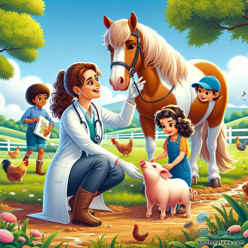 A cena mostra a Doutora Ana, uma veterinária sorridente, com cabelos castanhos presos em um rabo de cavalo, vestindo um jaleco branco e luvas de látex. Ela está agachada, examinando um grande cavalo chamado Trovão, que tem um lindo pelo marrom e olhos suaves. A Doutora Ana parece concentrada e feliz, demonstrando seu amor pelos animais. Perto dela, está Maria, uma menina de 8 anos com cabelos cacheados e um vestido colorido, que observa com admiração, segurando um caderninho para desenhar o cavalo. Um pouco mais longe, Pedro, um garoto de 7 anos com um boné azul, se diverte acariciando um porquinho que brinca na lama, rindo de felicidade. A cena ocorre em uma fazenda ensolarada, rodeada de campos verdes e flores coloridas, com galinhas bicando o chão e árvores majestosas ao fundo, criando uma atmosfera alegre e pacífica. A situação principal mostra a Doutora Ana verificando a saúde de Trovão, enquanto as crianças se divertem com outros animais, ilustrando a harmonia entre veterinários e animais, além da importância de cuidar deles com amor e atenção.
