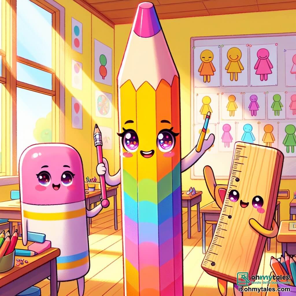 Al centro dell'immagine, Alia, una matita colorata brillante, si erge fiera, con un corpo slanciato e colori vivaci, gli occhi scintillanti di entusiasmo. Sorride ampiamente, tenendo un grande pannello colorato che proclama "L'uguaglianza per tutti!" in una bella calligrafia. Alla sua sinistra, Goma, una gomma da cancellare morbida e rotonda, mostra un'espressione gioiosa, alzando una mano per incoraggiare gli altri a partecipare al progetto. È di un rosa pastello, con guance rosate che brillano di eccitazione. A destra, Ricco, un righello di legno, è concentrato e serio, mentre misura un grande tabellone pieno di disegni sull'uguaglianza di genere. Il suo volto è determinato, con lineamenti ben definiti e un colore marrone chiaro. Lo sfondo si svolge in un'aula luminosa, con muri dipinti di giallo chiaro, finestre che lasciano entrare la luce del sole e tavoli di legno coperti di forniture artistiche colorate. Opere d'arte sull'uguaglianza decorano le pareti, creando un'atmosfera ispiratrice e accogliente. La scena principale mostra Alia e i suoi amici mentre preparano un'esposizione d'arte sull'uguaglianza di genere, radunando intorno a loro studenti sorridenti e impegnati, pronti a condividere le loro idee e celebrare la diversità.