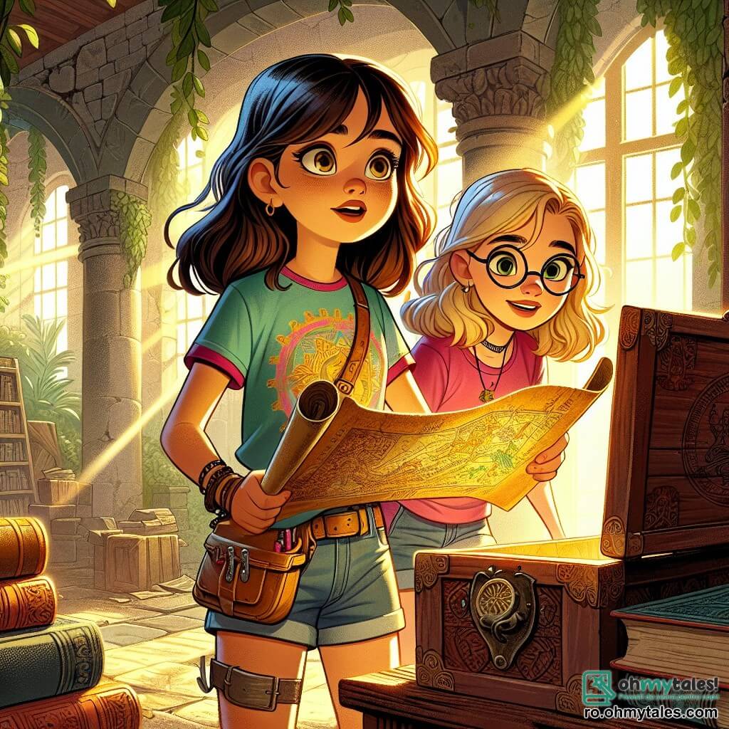 O fată de 12 ani, Ana, cu părul lung și brunet și ochi strălucitori de curiozitate, se află în centrul imaginii. Poartă un tricou colorat și un șort, având o curea plină cu unelte, și zâmbește cu entuziasm în timp ce ține o hartă veche în mâini. Lângă ea, cea mai bună prietenă, Maria, tot de 12 ani, are părul blond și ochelari rotunzi, privind harta cu uimire, cu mâinile pe șolduri, pregătită să exploreze. Decorul este un castel vechi și misterios, acoperit cu iederă, cu feronerie mari pline de praf și fresce șterse pe pereți. Razele soarelui filtrează printre copaci, iluminând o cameră plină de cărți vechi și comori ascunse. Situația principală o arată pe Ana și Maria descoperind o ladă mare din lemn, ornamentată cu motive vechi, plină de bijuterii strălucitoare și o hartă veche, simbolizând începutul aventurii lor incredibile.