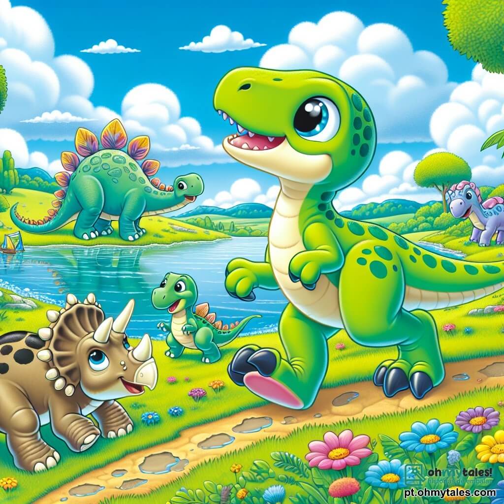 Um velociraptor chamado Veloz, com plumagem verde brilhante e olhos cheios de curiosidade, corre alegremente à beira de um lago cintilante, suas patas finas e rápidas deixando marcas no chão. Ao seu lado, um tricerátopo chamado Trixie, com três majestosas hornas e pele bege, para para admirar a paisagem, um grande sorriso no rosto. Um estegossauro chamado Spike, com suas placas dorsais coloridas e expressão amigável, está um pouco atrás, bebendo água do lago. O cenário é uma vasta planície verdejante, salpicada de flores coloridas e árvores majestosas, sob um céu azul brilhante com algumas nuvens brancas. A cena principal mostra Veloz e seus amigos descobrindo juntos a beleza da natureza, cheios de empolgação e alegria, prontos para viver uma nova aventura.