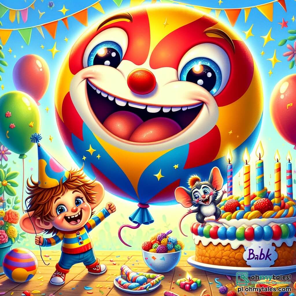 Na środku obrazu unosi się kolorowy balon o imieniu Bâbelek, w żywych odcieniach czerwieni, niebieskiego i żółtego, z szerokim uśmiechem i błyszczącymi oczami pełnymi ekscytacji. Otaczają go małe świecące gwiazdki, symbolizujące magię urodzin. Obok niego stoi mały chłopiec o imieniu Tadek, z rozwichrzonymi brązowymi włosami i kolorową koszulą w paski, śmiejący się radośnie, z uniesionymi rękami. Ma na sobie papierowy kapelusz urodzinowy ozdobiony kolorowymi wzorami i stoi przed dużym stołem pełnym ciast i cukierków. Na brzegu stołu siedzi mała myszka myshoskoczek z dużymi uszami i figlarnym uśmiechem, trzymająca kawałek ciasta w małych łapkach, z błyszczącymi oczami pełnymi łakomstwa. Sceneria rozgrywa się w słonecznym ogrodzie, wypełnionym jasnymi kwiatami i unoszącymi się balonami, z jasnoniebieskim niebem w tle. Kolorowe serpentyny zwisają z drzew, a na środku stołu stoi duży tort urodzinowy ozdobiony zapalonymi świeczkami. Główna sytuacja ukazuje Bâbelka i Tadeka bawiących się razem, otoczonych przyjaciółmi, radośnie świętujących urodziny, tworząc festywną i ciepłą atmosferę.