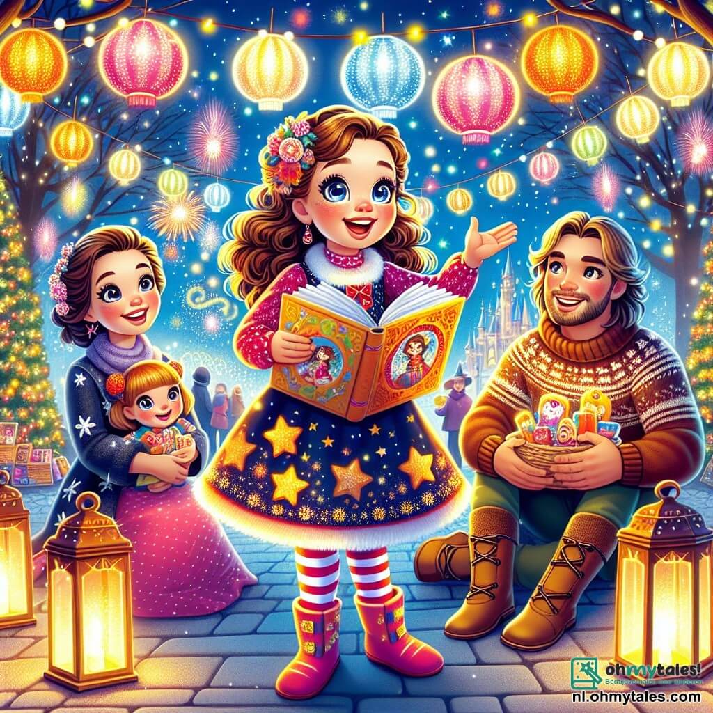 Een 9-jarig meisje, Lotte, met grote glanzende ogen en krullend kastanjebruin haar, glimlacht enthousiast terwijl ze een oud boek vol magische verhalen vasthoudt. Ze draagt een kleurrijke jurk met sterrenmotieven en gestreepte maillots. Naast haar staat haar moeder, een vrouw van in de dertig met lang, steil haar, die trots naar haar dochter kijkt terwijl ze een bord oliebollen, traditionele Nederlandse donuts, vasthoudt. Iets verderop kijkt haar vader, een man van in de dertig met een lichte baard en een wollen trui, met een warme glimlach naar de scène, klaar om het nieuwe jaar te vieren. De scène speelt zich af in een park verlicht door schitterend vuurwerk, waar de nachtelijke lucht bezaaid is met fonkelende sterren. Kleurrijke lantaarns zweven om hen heen en creëren een feestelijke en magische sfeer. Lotte en haar familie hebben net een oud boek vol betoverde verhalen ontdekt, en ze staat op het punt haar dromen en hoop voor het nieuwe jaar te delen, omringd door de liefde en de magie van deze speciale nacht.
