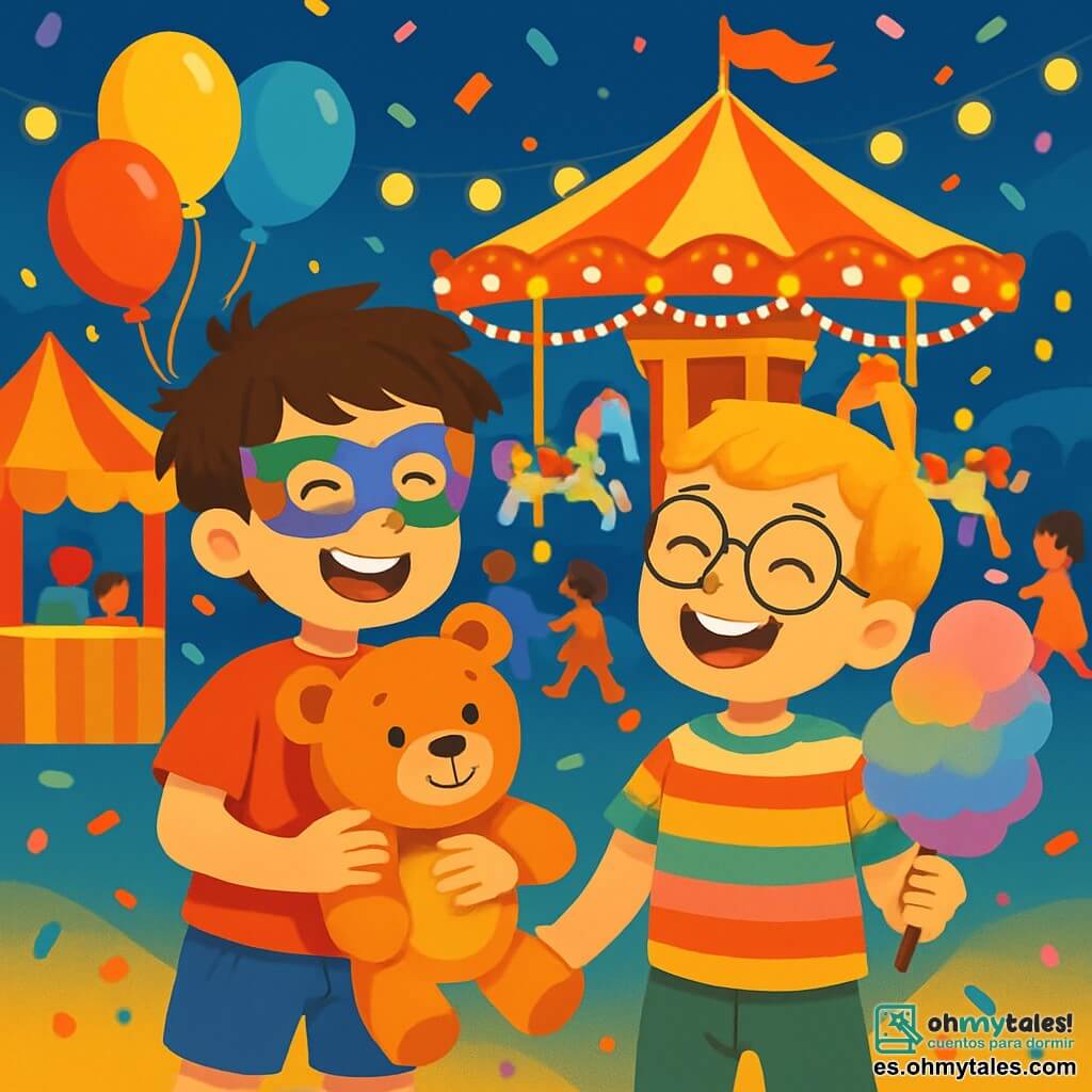 Hay 2 personajes principales: - Lucas: un niño de 8 años, con cabello castaño desordenado, que lleva una camiseta roja brillante y un pantalón corto azul. Está de pie, sonriendo, con una máscara colorida en la cara, sosteniendo un gran peluche en sus brazos. - Tomás: un niño de 8 años, con cabello rubio y gafas redondas. Lleva una camisa de rayas multicolores y un pantalón verde. Está al lado de Lucas, riendo y sosteniendo una nube de azúcar que cambia de color. La situación principal se desarrolla en un carnaval mágico, lleno de puestos coloridos, luces brillantes y decoraciones festivas. Globos flotan en el aire, y un gran carrusel con caballos pintados de colores gira alegremente en el centro, rodeado de familias y niños que bailan y se divierten. La historia muestra a Lucas y Tomás, maravillados, explorando el carnaval, rodeados de juegos, risas y música, mientras confeti multicolor cae suavemente a su alrededor, creando una atmósfera alegre y festiva.