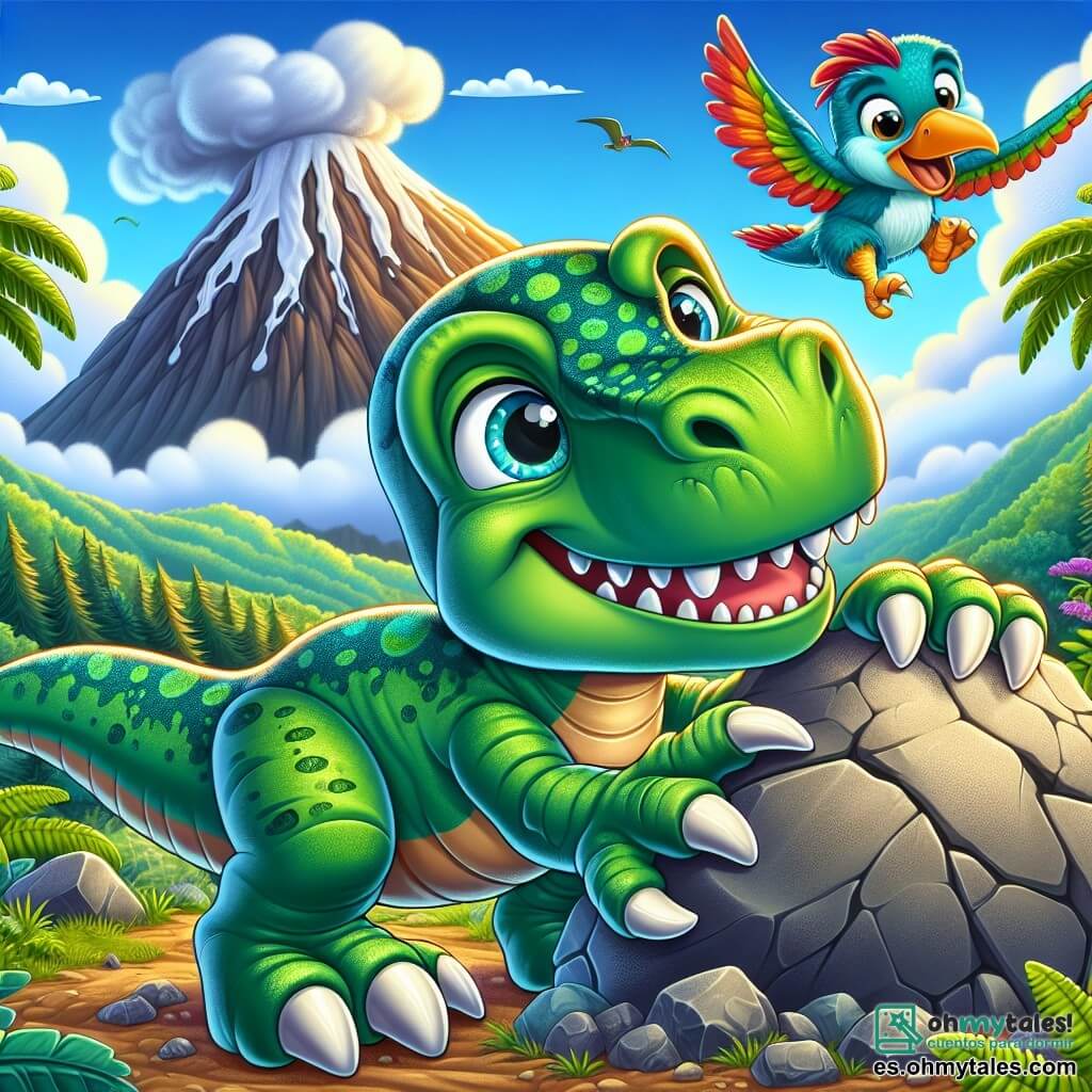 Un joven Tyrannosaurus Rex llamado Timo, con piel verde brillante y ojos llenos de curiosidad, se encuentra en el centro de la imagen, sonriendo con entusiasmo mientras empuja una gran piedra con su poderosa cola. A su lado, su mejor amigo Pipo, un pequeño pterodáctilo de alas coloridas, vuela alegremente en el aire, haciendo piruetas y animando a Timo. Al fondo, la Montaña Humeante se alza majestuosamente, con nubes de humo saliendo de su cima y un cielo azul brillante. El suelo está salpicado de rocas y helechos exuberantes, creando una atmósfera de aventura. La escena muestra a Timo y Pipo trabajando juntos para superar un obstáculo, ilustrando el espíritu de equipo y la amistad en un mundo prehistórico vibrante y colorido.