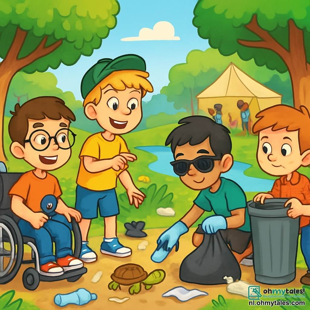 Er zijn 4 kinderen: - Lucas: een 10-jarig jongetje in een rolstoel, met bruin haar en een bril. Hij glimlacht vrolijk terwijl hij een kleine schep vasthoudt. - Sam: een 10-jarig jongetje met rommelig blond haar en een groene pet. Hij staat rechtop en wijst naar een kleine schildpad die ze net hebben gered, met een grote glimlach op zijn gezicht. - Emir: een 10-jarig jongetje met zwart haar en een zonnebril. Hij zit op de hurken en raapt afval op met een handschoen, met een geconcentreerde blik. - Joris: een 10-jarig jongetje met rood haar en een geruit shirt. Hij staat rechtop en houdt een grote vuilnisbak vast, klaar om afval weg te gooien, met een vastberaden uitdrukking. De situatie speelt zich af in een groen park, vol majestueuze bomen met heldergroene bladeren. Kleurrijke bloemen omzomen de paden en een kleine beek schittert in de zon. In de verte is een grote tent te zien waar andere kinderen en volwassenen druk bezig zijn met het planten van bomen. De kinderen zijn bezig met het schoonmaken van een gebied in het park, omringd door plastic afval. Ze zijn geconcentreerd en enthousiast, met vuilniszakken aan hun voeten, en hun heldhaftige daad om de schildpad te redden benadrukt hun liefde voor de natuur.