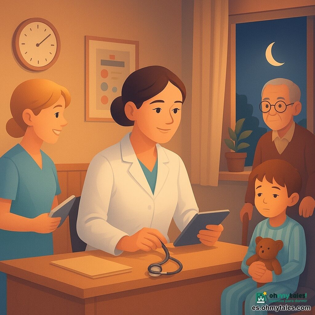 La doctora Valeria aparece serena y atenta, rostro dulce, cabello castaño recogido en un moño, bata blanca y sosteniendo un estetoscopio y una tableta, sentada tras un escritorio de madera clara; a su izquierda está la enfermera Nora, de unos 30 años, piel clara y cabello rubio corto, con uniforme azul claro y un cuaderno, sonriendo y ligeramente inclinada hacia la doctora; a la derecha, en una sala de espera, un niño de unos 7 años con pijama a rayas sostiene un peluche y mira cansado pero tranquilo; un hombre mayor con cabello gris, gafas redondas y un bastón está junto al mostrador; la pequeña clínica de barrio al crepúsculo tiene paredes crema, paneles de madera, cortinas que filtran una luz anaranjada, carteles educativos y plantas en la ventana, y la escena muestra a la doctora preparando su material y mirando la luna por la ventana, con una atmósfera cálida y reconfortante.