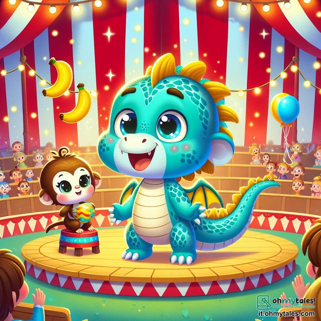 Piumino, un piccolo drago dalle squame turchesi brillanti, si trova al centro della pista del circo, con gli occhi spalancati per la meraviglia e un grande sorriso sul volto. La sua coda si muove gioiosamente dietro di lui, aggiungendo un tocco di magia alla scena. Alla sua destra, Camilla, una piccola scimmia dai peli marroni e dagli occhi scintillanti, gioca con tre banane gialle, ridendo con entusiasmo. È appollaiata su uno sgabello di legno decorato con colori vivaci. Il circo è un luogo splendente, con un grande tendone a strisce rosse e bianche, luci scintillanti e palloncini colorati che fluttuano nell'aria. Gli spettatori meravigliati sono seduti su panchine di legno, applaudendo con gioia. In questa scena, Piumino esita, pronto a unirsi a Camilla per provare un numero di circo, mentre l'eccitazione e la magia del circo lo circondano.