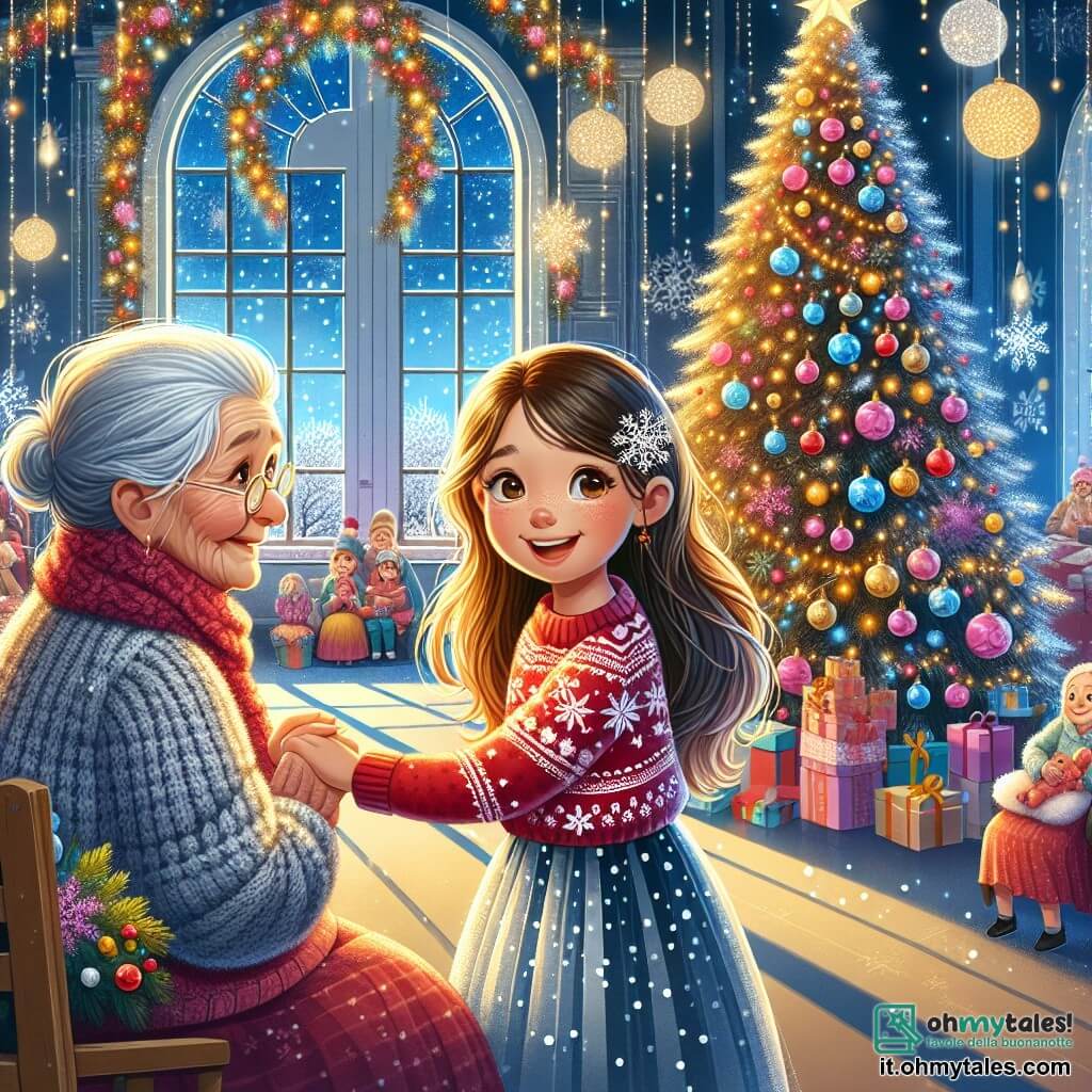 Una bambina di 9 anni, Sofia, con lunghi capelli castani e occhi scintillanti di gioia, sorride ampiamente tenendo la mano di una vecchia signora. Sofia indossa un bel maglione rosso con fiocchi di neve e una gonna a pois. È circondata da luci scintillanti e decorazioni natalizie colorate, in una sala calda e festosa. La vecchia signora, di circa 70 anni, ha capelli grigi e un viso dolce, segnato da rughe di saggezza. Indossa un scialle di lana e guarda Sofia con un sorriso commosso, seduta su una sedia vicino a un grande albero di Natale decorato, pieno di palline brillanti e ghirlande dorate. Il luogo è una sala comune di un orfanotrofio, con pareti dipinte di azzurro chiaro, finestre ornate di tende rosse, e un grande albero di Natale illuminato al centro, circondato da ghirlande e regali colorati. Fiocchi di neve cadono dolcemente all'esterno, aggiungendo all'atmosfera magica. La scena principale mostra Sofia e la vecchia signora che danzano gioiosamente insieme, circondate da altri bambini e adulti che celebrano la magia del Natale, creando un'atmosfera di calore, amicizia e condivisione.