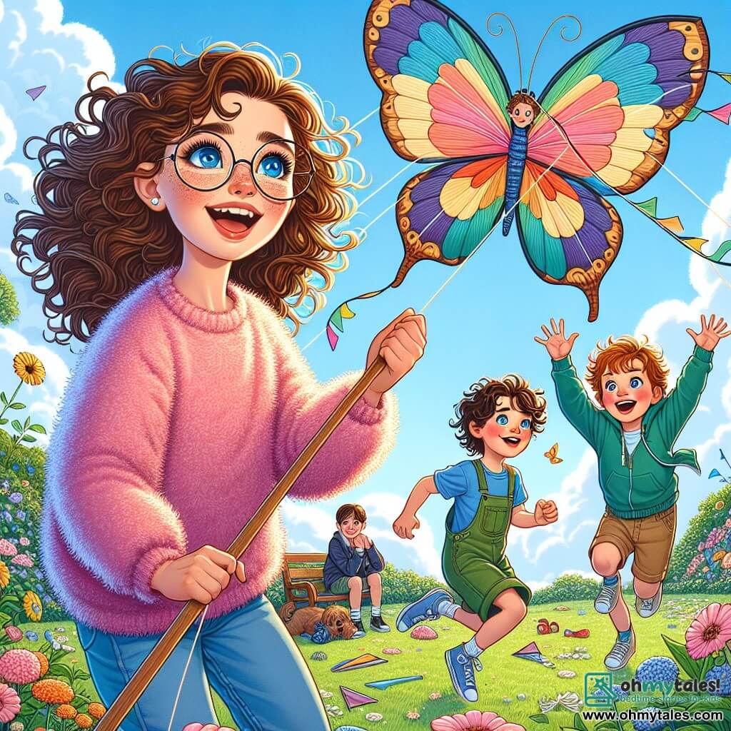 In the center of the image, Emma, a young woman with bright blue eyes and curly brown hair, wears a fluffy pink sweater and round glasses. She smiles enthusiastically while holding a large, colorful butterfly-shaped kite that soars in the sky. Her face radiates joy and pride as she shows her creation to the other children. Next to her, Benny, an 8-year-old boy with curly hair and green overalls, jumps for joy with his arms raised to the sky, his face beaming with excitement and admiration for the kite. A bit further away, Max, a 7-year-old boy with brown hair and sparkling eyes, watches the flying kite in awe. He is dressed in a blue t-shirt and shorts, standing near a bench, ready to join his new friends. The setting is a sunny park filled with colorful flowers and lush trees. Children are playing around, and the sky is a bright blue with a few fluffy white clouds. The scene depicts Emma, Benny, and Max flying the musical kite, which majestically rises in the air, spreading a joyful melody that captures the attention of all the children in the park, creating a festive and happy atmosphere.
