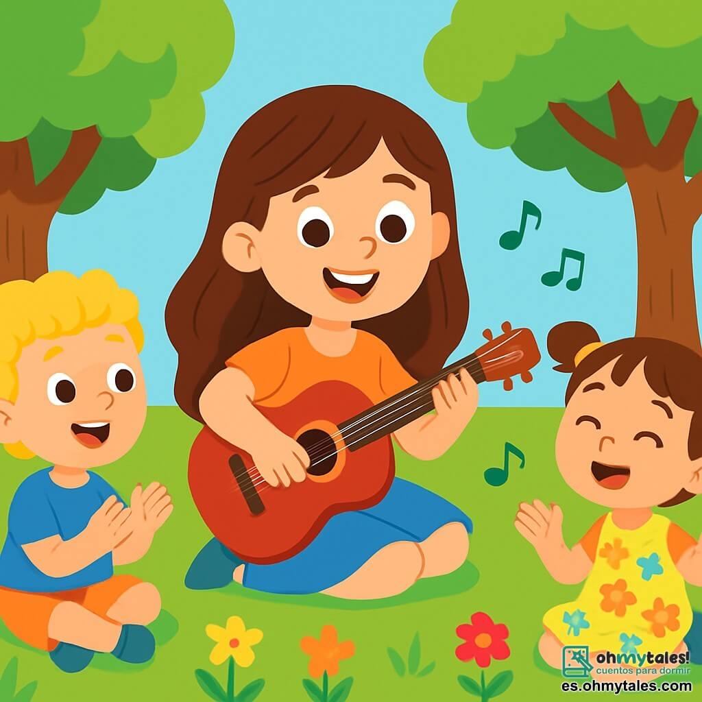 Una joven, Sofía, sonriente y alegre, con largos cabellos castaños y ojos brillantes, está sentada en la hierba verde del parque. Ella toca su guitarra roja, sus dedos bailan sobre las cuerdas con entusiasmo. Alrededor de ella, varios niños de 5 a 7 años la escuchan con asombro. Un niño rubio y rizado, con una camiseta azul, aplaude al ritmo. Una niña con trenzas, vestida con un vestido de flores, canta con alegría, sus ojos brillando de felicidad. El parque está lleno de árboles majestuosos de hojas verdes y flores coloridas adornan el suelo. Las risas de los niños resuenan en el aire, creando una atmósfera alegre y animada. Sofía invita a los niños a participar en su canción y juntos crean una melodía mágica, llena de risas y alegría.
