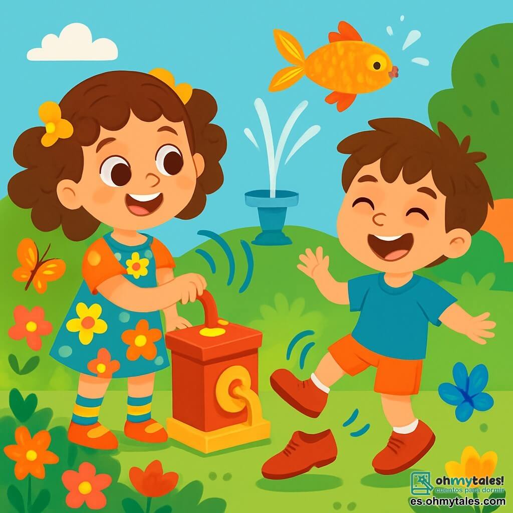 Una niña de 4 años, Clara, con grandes ojos brillantes y cabello rizado, sonríe alegremente mientras juega con una máquina mágica en su jardín. Lleva un vestido colorido con flores y calcetas rayadas. A su lado, su amigo Tomás, un niño de 5 años con cabello castaño desordenado y una camiseta azul, ríe mientras intenta bailar con zapatos que se mueven solos. El jardín está lleno de flores brillantes, mariposas coloridas y una pequeña fuente donde un pez volador, con escamas brillantes, se eleva en el aire. La escena principal muestra a Clara y Tomás riendo mientras los zapatos bailan a su alrededor, creando un ambiente alegre y mágico.