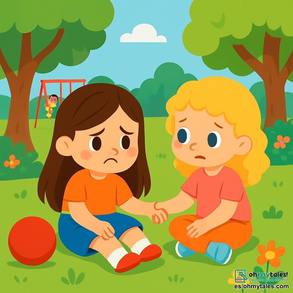 Una niña de 4 años, Marina, con largos cabellos castaños y ojos brillantes, está sentada en la hierba verde del parque. Tiene una expresión triste, con las cejas fruncidas y los labios apretados, porque acaba de perder su pelota roja. A su lado, su mejor amiga, Sofía, una niña de 4 años con cabello rubio y rizado, la mira con preocupación, sentada en posición de loto, lista para consolarla. El parque está lleno de grandes árboles con hojas verdes brillantes y flores coloridas. A lo lejos, se ven niños jugando en columpios y toboganes. Marina y Sofía están en el centro de la imagen, rodeadas de risas de otros niños, pero están en su propio mundo, preocupadas por la pérdida de la pelota. Sofía toma la mano de Marina, mostrándole que está allí para ayudarla a encontrar su pelota y superar su tristeza.