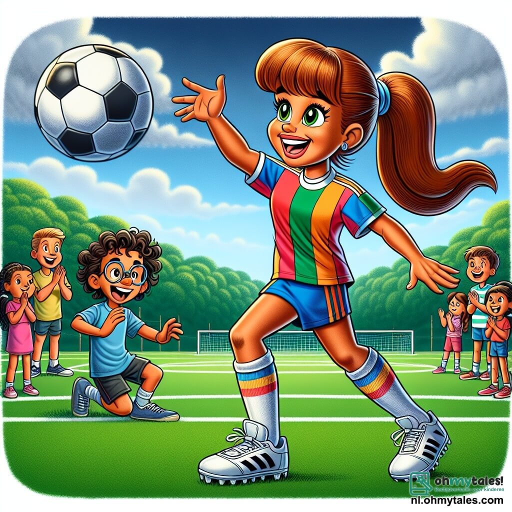 In het midden van de afbeelding staat Lisa, een sportieve jonge vrouw van ongeveer 25 jaar, met een grote glimlach op haar gezicht en kastanjebruin haar in een dynamische paardenstaart. Ze draagt een kleurrijk voetbalshirt, shorts en sneakers, terwijl ze met een voetbal jongleert, wat haar passie en vreugde voor het spel toont. Rechts van haar moedigt Tom, een 10-jarig jongetje met een bril en krullend haar, haar enthousiast aan met zijn armen omhoog. Hij draagt een blauwe t-shirt en zwarte shorts en staat op het gras, met glinsterende ogen van bewondering voor Lisa. Op de achtergrond kijkt een groep kinderen, jongens en meisjes van 8 tot 12 jaar, vol verwondering toe, sommigen applaudisserend en anderen lachend, allemaal in kleurrijke sportkleding. De locatie is een uitgestrekt groen voetbalveld, omringd door majestueuze bomen onder een stralend blauwe lucht, met goed afgebakende witte lijnen op het gras. Lichte wolken drijven in de lucht, wat een vleugje zachtheid aan de scène toevoegt. De belangrijkste situatie toont Lisa, vol energie en vastberadenheid, die de kinderen voetbaltechnieken leert, terwijl ze een vrolijke en vriendelijke sfeer creëert waarin leren en plezier harmonieus samenkomen.