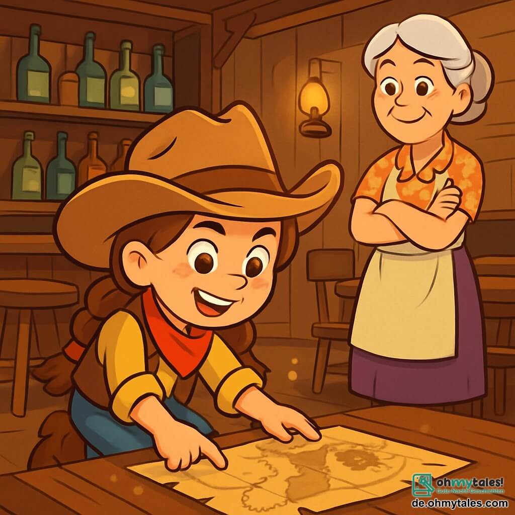 Maggy, eine junge Cowgirl mit geflochtenem kastanienbraunem Haar, trägt einen breiten Cowboyhut und ein leuchtend rotes Halstuch. Ihr Gesicht strahlt fröhliche Entschlossenheit aus, mit funkelnden Augen vor Aufregung. Sie hockt und untersucht aufmerksam eine alte Schatzkarte, umgeben von Staub und Geheimnissen. Neben ihr steht Miss Sally, eine Frau in den Fünfzigern mit silbernem Haar und einem warmen Lächeln, die stolz auf Maggy schaut. Sie trägt eine blumige Bluse und eine Schürze, und ihr Blick ist voller Ermutigung. Die Szenerie spielt im alten Saloon von Redstone City, mit abgenutzten Holzwänden, Eichenholz-Tischen und gedämpftem Licht. Im Hintergrund funkeln Glasflaschen auf den Regalen, und ein Klavier spielt sanft eine fröhliche Melodie. Die Hauptsituation zeigt Maggy, die einen alten Schatz im Saloon entdeckt, umgeben von einer Atmosphäre von Abenteuer und Geheimnis, bereit, das Geheimnis des alten Sheriffs zu lüften.