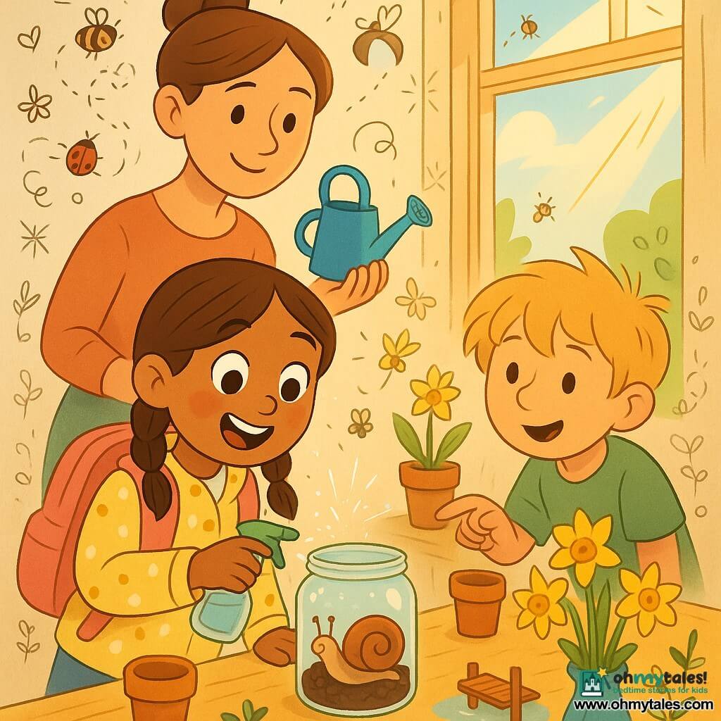 A happy 6-year-old girl with brown pigtails, rosy cheeks, a yellow polka-dot jacket and pink backpack gently sprays a glass jar terrarium with a small snail as warm sunlight streams through an open classroom window; a female teacher (30–35) with chestnut hair in a bun stands behind her holding a small blue watering can, and a blond 7-year-old boy in a green T-shirt crouches to the right pointing at a row of small yellow daffodils on a light wood table with pots and a blue vase, leaf drawings on the wall and a miniature wooden pier nearby, while sparkling water droplets and doodles of ladybugs, bees and flowers float in the scene.