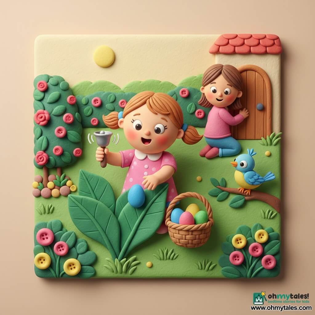 A 4-year-old girl with a round face, rosy cheeks, big bright eyes and light brown pigtails, joyful and amazed, holds a small silver bell and a wicker basket of colored eggs, while her mother, about 30, fair-skinned with tied brown hair, kneels by the house door at right smiling tenderly; a small blue-and-yellow bird perches on a low branch tilting its head; the garden is a green clay-textured lawn with pink and yellow flower buds, a large rosebush and a soft hedge under a pale yellow sun; the girl gently rummages under green leaves to find a shiny blue egg, bell ringing, a half-full basket beside her; vivid colors, soft textures, simple shapes, warm lighting, composition centered on the girl.