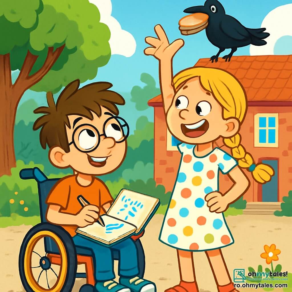Există două personaje principale: Vlad, un băiat de 10 ani cu părul castaniu și ochelari rotunzi, care stă într-un scaun cu rotile colorat, zâmbind cu ochii strălucind de entuziasm; și Mara, o fetiță de 9 ani cu părul blond împletit și o rochie cu buline colorate, care stă în picioare lângă Vlad, cu brațele încrucișate și un zâmbet jucăuș. Acțiunea are loc într-o curte de școală însorită, înconjurată de copaci mari. În fundal se vede o clădire școlară din cărămidă roșie cu acoperiș de țiglă. Solul este acoperit cu pietriș și câteva flori sălbatice. Pe acoperișul școlii, un corb negru cu pene strălucitoare ține un sandviș cu salam între picioare. Povestea îi arată pe Vlad și Mara concepând un plan îndrăzneț pentru a recupera sandvișul furat de corb, Vlad desenând idei într-un carnet, în timp ce Mara, plină de energie, gesticulează explicând ideile ei nebune pentru a ajunge pe acoperiș.