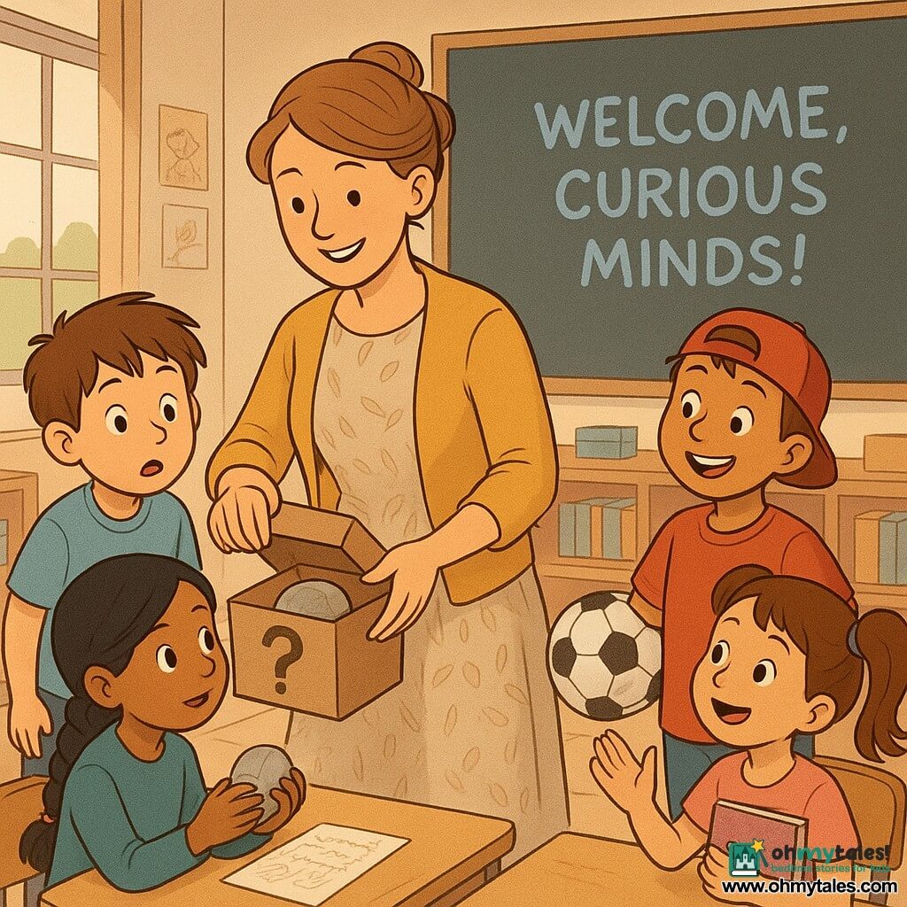 A warm, smiling female teacher with light brown hair in a loose bun, wearing a mustard cardigan and patterned dress, stands by a wooden desk opening a small cardboard box marked with a question mark; children around her react as she reveals a smooth "Talk Stone": Milo (about 8) with tousled brown hair holds a scribbled paper and leans forward curious, Ben (about 9) with a red cap worn backward and a soccer ball under his arm looks impatient but amused, Noor (about 8) with brown skin and a long braid sits front row holding the stone tied with a colorful ribbon respectfully, and Jada (about 8) with pigtails and a glittery notebook raises her hand excitedly; the bright classroom has sunlight through large windows, children’s drawings on the walls, a chalkboard reading "WELCOME, CURIOUS MINDS!", light wood tables in small groups and low shelves with books and colorful bins; the scene focuses on the moment of discovery with varied child expressions, soft atmosphere, warm colors, rounded shapes and slightly thick outlines in a friendly comic style.