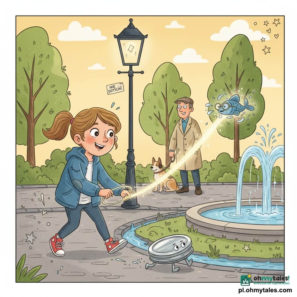 12‑letnia dziewczynka, pełna entuzjazmu, jasnobrązowe włosy w kucyku, zużyta niebieska kurtka i czerwone trampki, trzyma małą świecącą metalową obręcz i rysuje jasną smugę nad niewidzialnym mostem; jej wyraz twarzy jest radosny i skupiony, oczy szeroko otwarte, lekki uśmiech. Metalowa zakrętka od słoika, wypolerowana i srebrna, z namalowanymi oczkami, toczy się u jej stóp po brukowanej ścieżce, figlarna. Mała rybka w okrągłych okularach ślizga się śmiejąc wzdłuż świetlnej wstęgi, jakby powietrze było wodą, z stylizowanymi pluskami. Około 50‑letni mężczyzna w czapce i beżowym płaszczu trzyma smycz; pies siedzi spokojnie przy fontannie w tle i z rozbawieniem obserwuje scenę. Miejsce: miejski park pod wieczór — brukowane aleje, duża żeliwna latarnia z starym naklejką „Nie dotykać”, stylizowane zielone drzewa, połyskująca okrągła fontanna po prawej i mały rów zmieniony w basen pod mostem. Główna sytuacja: dziewczynka rysuje świetlną trasę obręczą, by przenieść rybkę z rowu do fontanny; żywe kolory, łagodne kontrasty, magiczne rozbłyski i małe doodle (gwiazdki, fale, strzałki) jako nakładka podkreślające ruch i absurd.