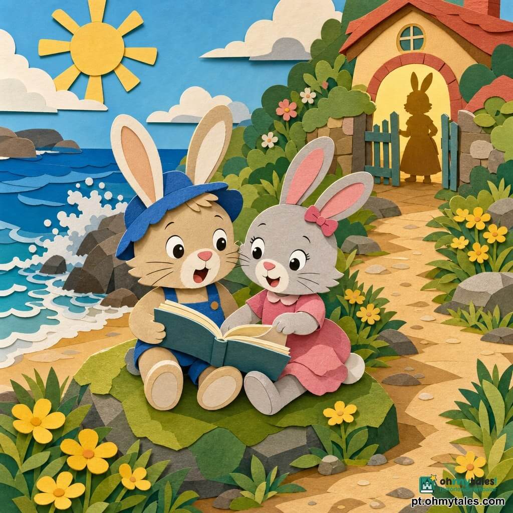 Um pequeno coelho antropomórfico chamado Tomás, de orelhas brancas e pelo bege, usa um gorro azul e segura um livro aberto sobre os joelhos, sentado numa grande pedra musgosa à beira-mar; sua amiga Rita, coelhinha de orelhas rosas e pelo cinza claro, sorri enquanto vira a página, e ao fundo vê‑se uma silhueta acolhedora perto do portão da casa, tudo num caminho costeiro ensolarado com areia dourada, flores amarelas, ondas azuis e cores vivas, estilo de texturas recortadas em papel, contornos nítidos e sombras suaves.