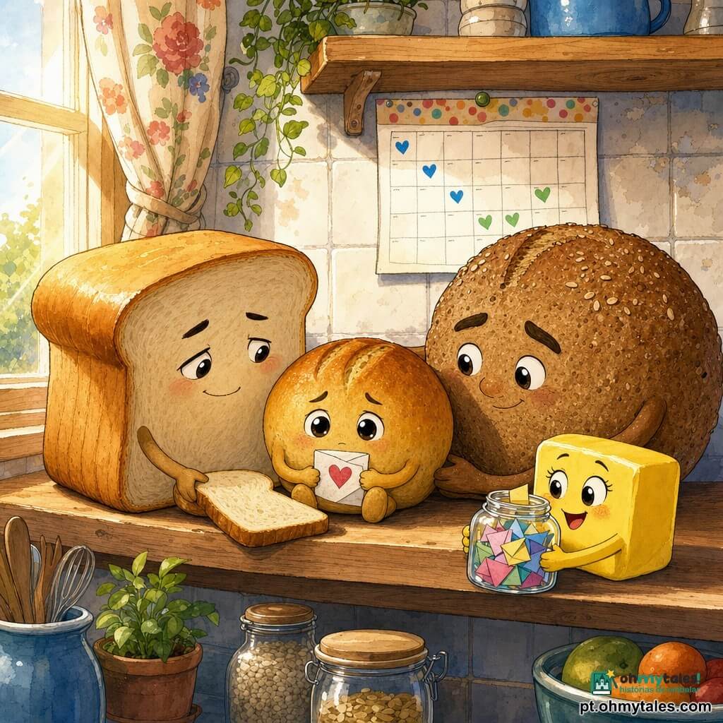 O personagem principal é um pequeno pão redondo e dourado, olhos expressivos, aparência triste e esperançosa, sentado numa prateleira de madeira segurando um papel dobrado com um coração; à esquerda, o Pão de Forma, rosto suave e levemente cansado, sorri ternamente e coloca uma fatia junto ao pequeno pão para consolá-lo; à direita, o Pão Integral, formato rústico e olhar caloroso, inclina a cabeça em gesto de conforto; a Manteiga, pequeno retângulo amarelo vivo, está perto, animada, segurando um pote de vidro com papéis coloridos (o "pote das emoções"); cozinha clara de manhã, prateleira de madeira clara, azulejos brancos ligeiramente gastos, janela com cortina florida e um calendário com marcas azuis e verdes; cena centrada no pequeno pão entre os dois pais pães, calendário aberto ao fundo e pote das emoções ao lado, atmosfera suave, cores quentes, separação tratada com ternura e esperança.