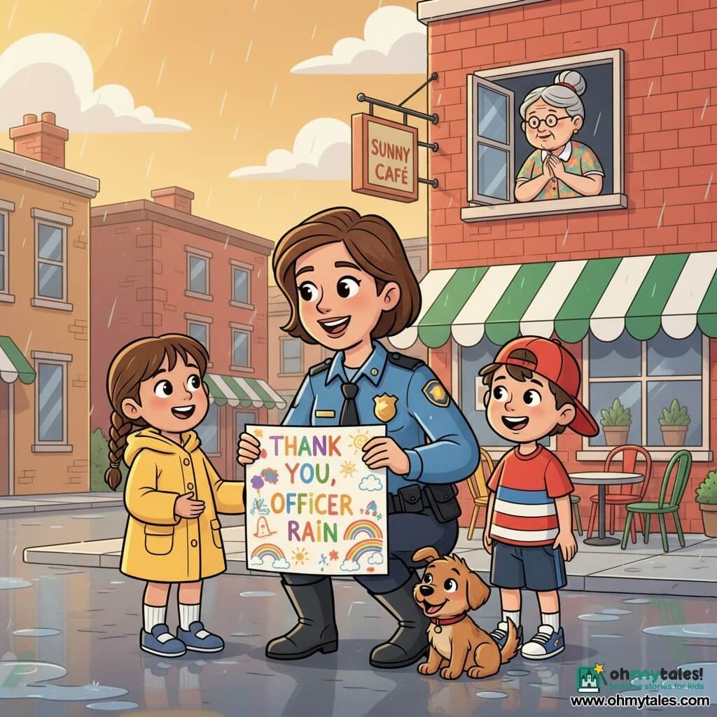 A warm, smiling policewoman with short brown hair, shiny blue uniform jacket and silver badge, waterproof boots, crouched holding a large colorful poster, bright eyes; Maya, ~8, braided hair and a yellow coat stands left holding one corner with pride; Leo, ~9, red cap and striped tee stands right holding the other corner smiling; Mrs. Botts, ~70, gray hair in a bun and floral dress leans from a first-floor window applauding; the wet but joyful light-brown puppy Biscuit wags his tail at the officer's feet; in front of the Sunny Café on Maple Street with a white-and-green striped awning, colorful metal chairs, rain-glossed sidewalk and reflective puddles, red brick buildings behind; main scene: presenting a poster reading “THANK YOU, Officer Rain” covered in children's drawings, golden light piercing clouds, warm tranquil after-rain atmosphere, centered composition, saturated colors, crisp outlines, 90s cartoon style, child-level perspective