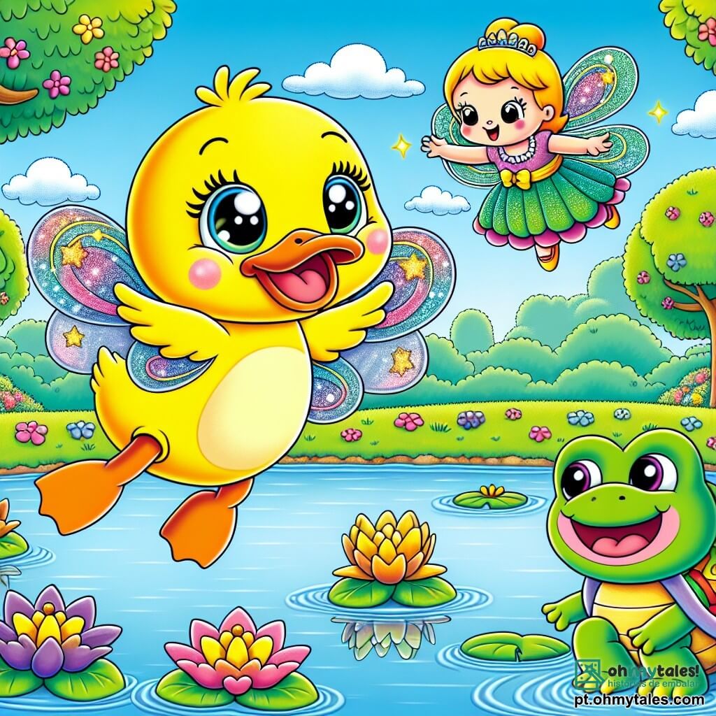 Um pato amarelo brilhante chamado Quico, com grandes olhos brilhantes e um sorriso alegre, flutua no ar, com as asas abertas, mostrando uma expressão de admiração e felicidade. Perto dele, uma pequena fada com asas cintilantes, vestida com um vestido feito de pétalas de flores, sorri enquanto lança um feitiço mágico. O cenário é um lago tranquilo cercado por flores coloridas e grandes árvores verdes, sob um céu azul radiante salpicado de nuvens brancas e fofas. Quico, voando pela primeira vez, sente uma imensa alegria e uma sensação de liberdade, enquanto seus amigos, uma rã verde chamada Riri e uma tartaruga de casca colorida chamada Tita, o observam da margem do lago, maravilhados com sua façanha.