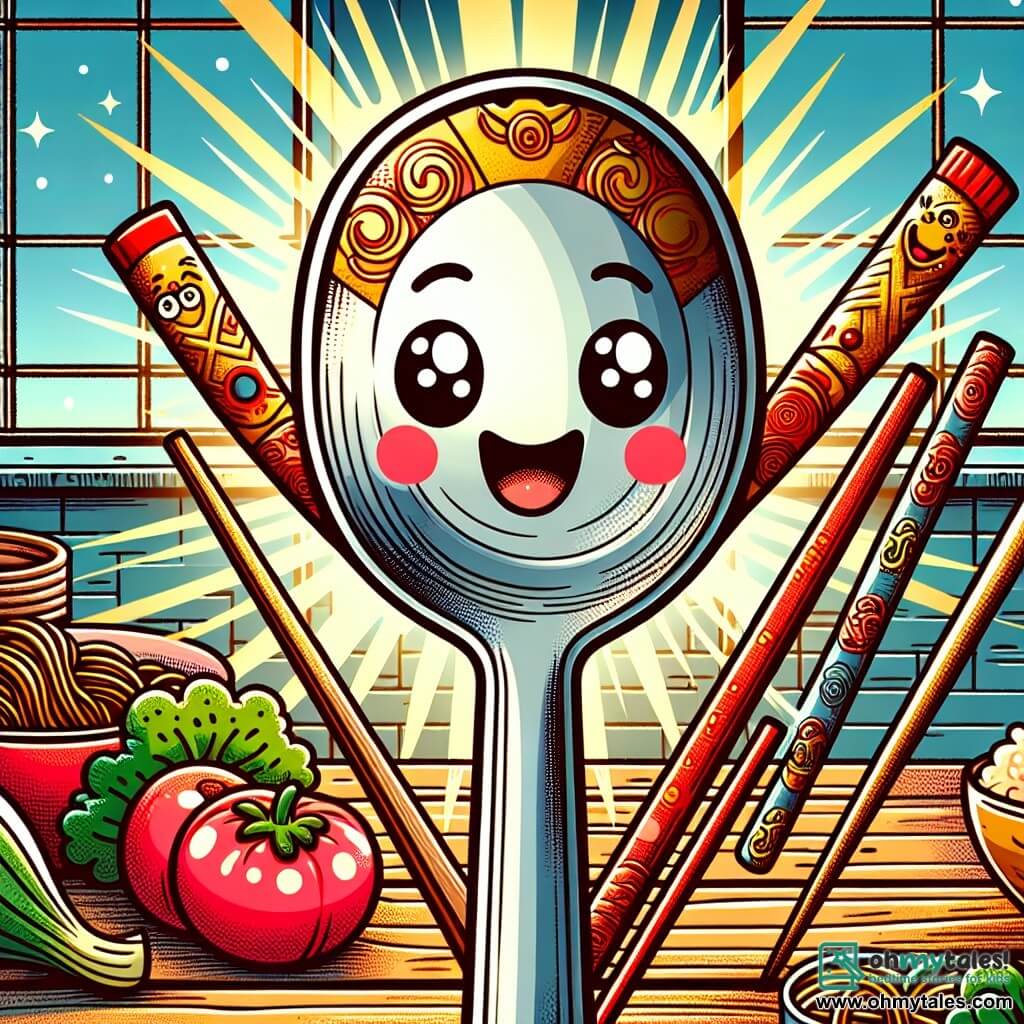 In the center, a large metal spoon with a smiling face and bright eyes expresses curiosity and joy. It is surrounded by two wooden chopsticks, one adorned with golden patterns and the other with red designs, both displaying warm smiles and sparkling eyes of excitement. The spoon is placed on a wooden kitchen countertop, where colorful ingredients like fresh vegetables and noodles are arranged. In the background, a window lets in sunlight, illuminating the scene with a soft glow. The spoon and chopsticks are ready to prepare a dish together, symbolizing the union of different cultures in a friendly and joyful atmosphere.