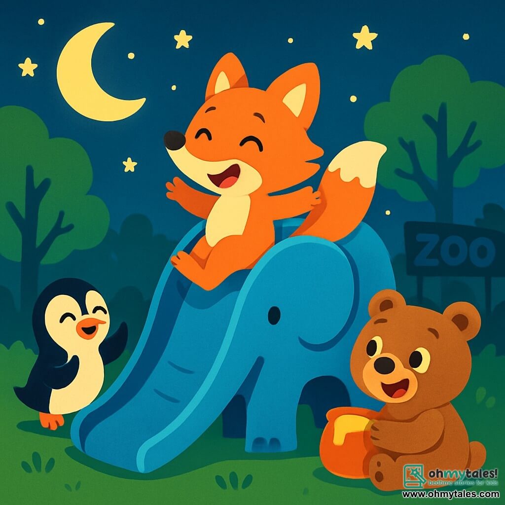 A playful fox named Felix, with bright orange fur and sparkling mischievous eyes, joyfully slides down an elephant-shaped slide. Next to him, a small penguin named Penny, with a bright white belly and black wings, laughs heartily while waiting for her turn. A brown bear, Benny, with soft fur and round curious eyes, stands at the bottom of the slide, ready to catch Felix while laughing. The scene takes place in a nighttime zoo, illuminated by the soft light of the moon, with lush trees and twinkling stars in the sky. The animals are having fun together, creating a joyful and laughter-filled atmosphere. Felix slides enthusiastically, while Penny cheers and Benny enjoys a jar of honey nearby, adding a sweet touch to this nighttime adventure.