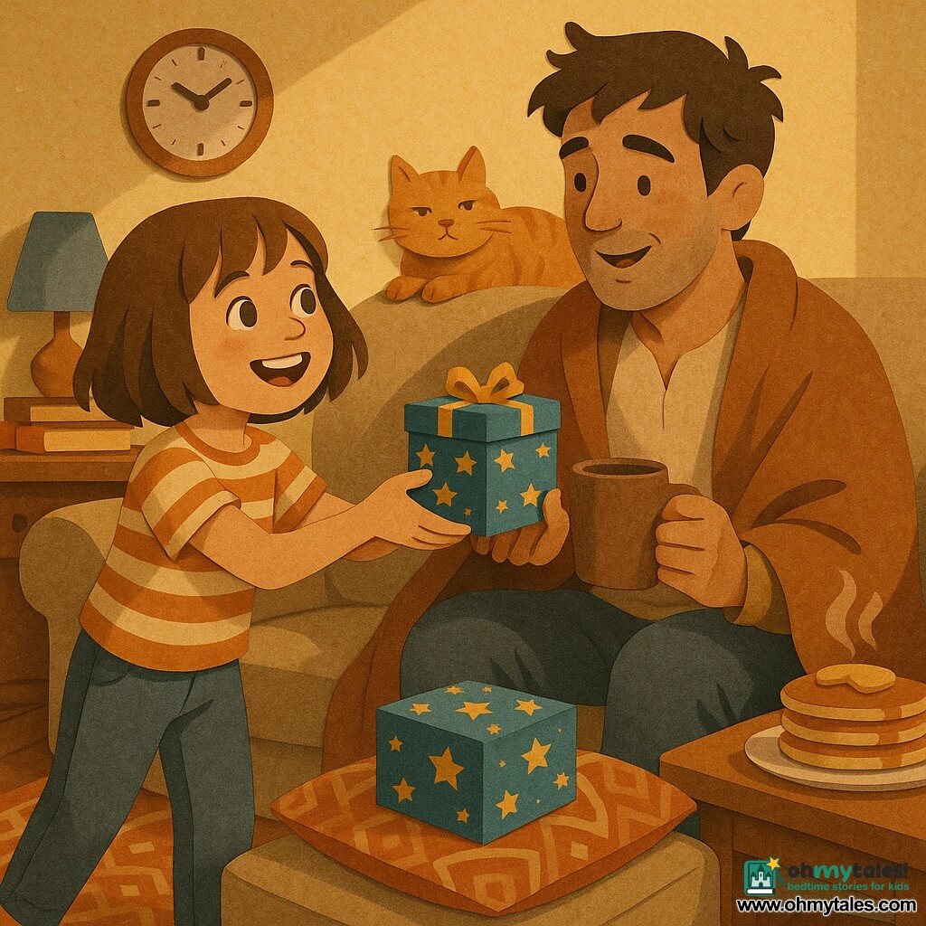 A joyful, slightly moved 10-year-old girl with a light chestnut bob, striped t‑shirt and jeans, offers a small blue star‑decorated box labeled "Pocket of Confidence Kit" to her father (about 35–40, messy hair, tender smile) who sits on the couch with a mug and a blanket like a cape, receiving it with surprise and affection as he embraces her; an orange tabby named Marmalade lounges on the couch back watching; warm, bright living room with patterned rug, ticking wooden wall clock, stack of books and a small table with steaming pancakes, the blue box on a patterned cushion, calm intimate mood rendered in soft colors with layered paper‑cut textures, visible grains, sharp shadows and cut edges.